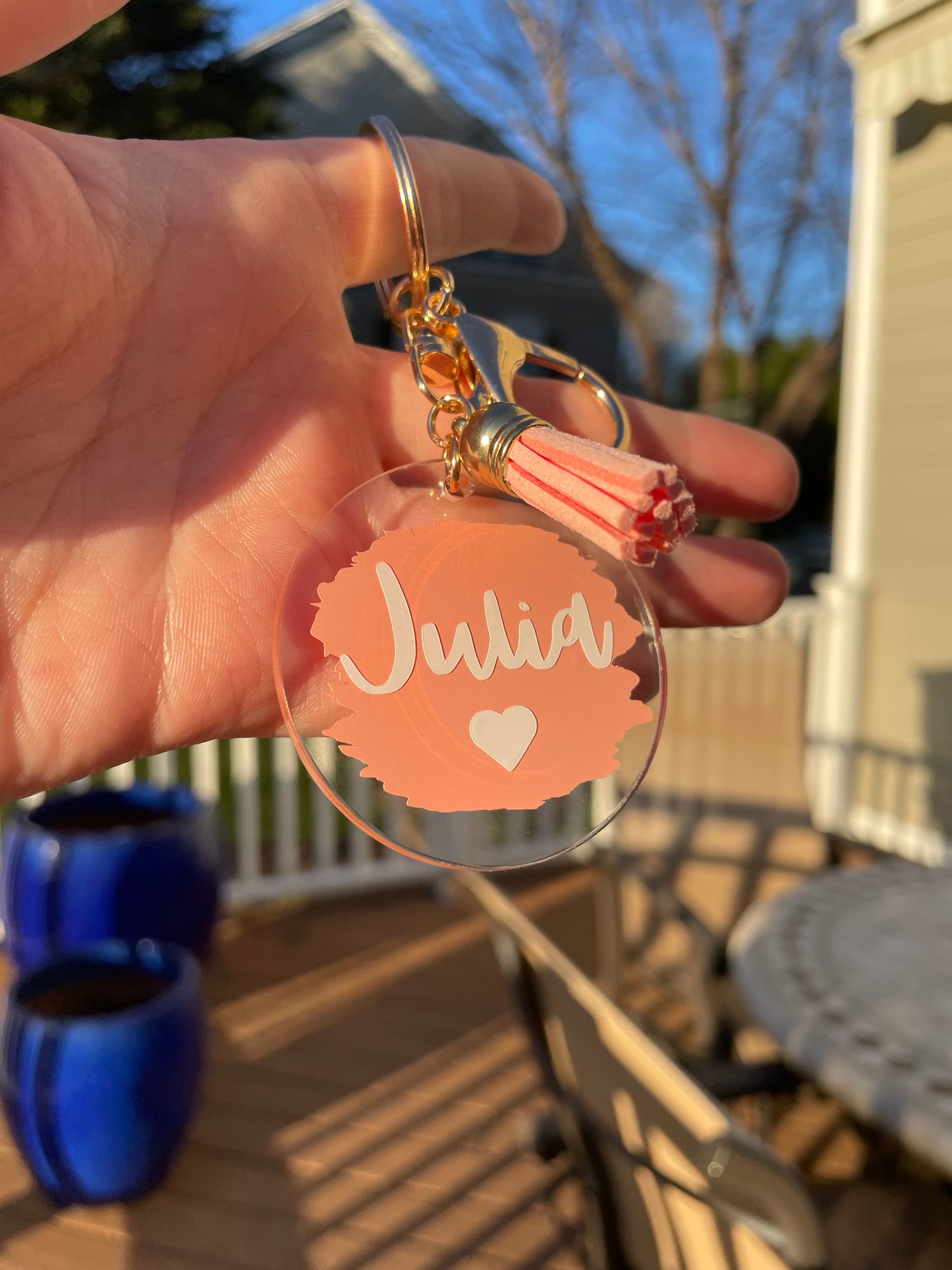 Custom Name Painted Circle Acrylic Keychain with Tassel and Gold Features