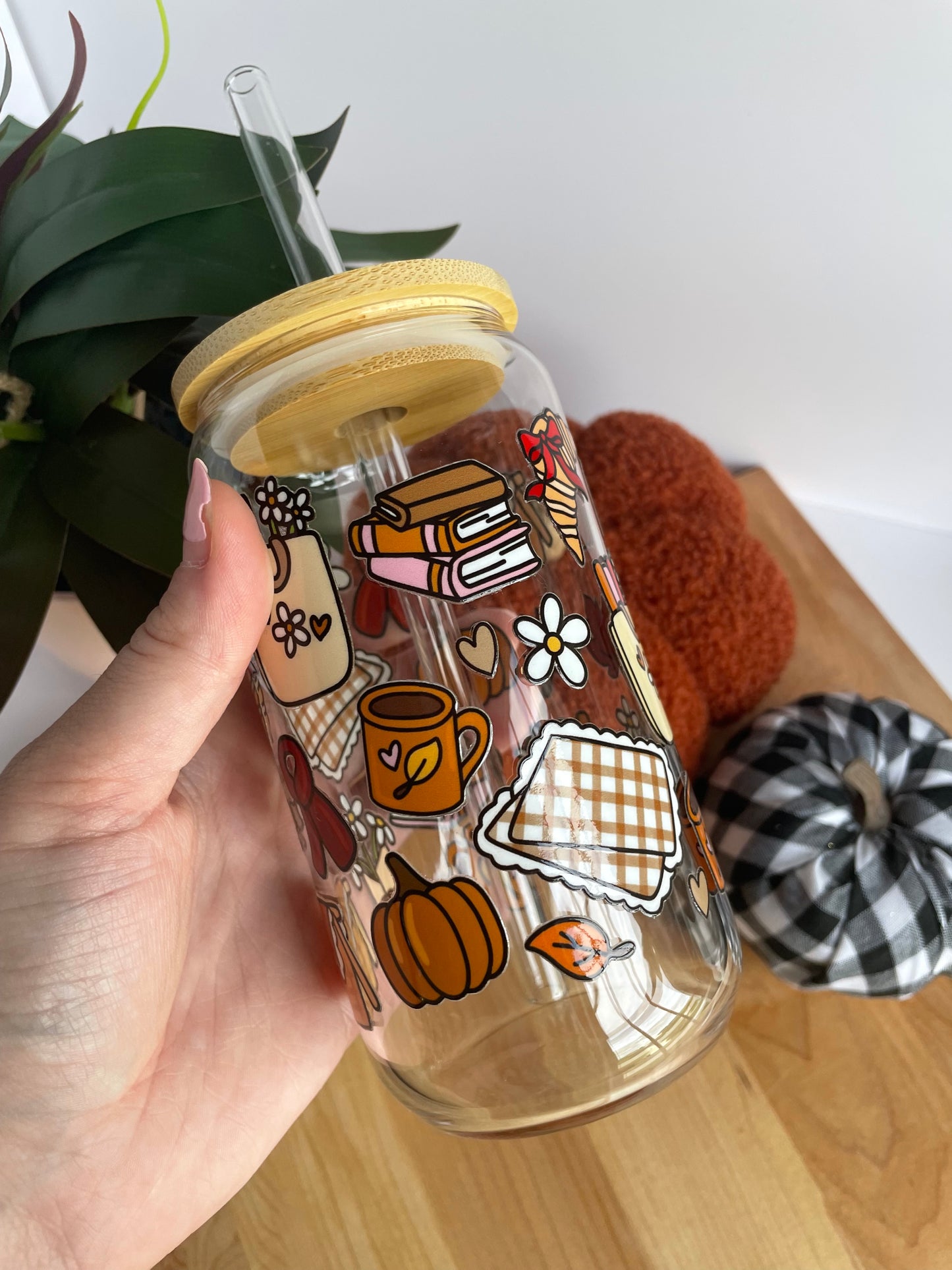 Fall Picnic Glass Cup with Bamboo Lid and Glass Straw