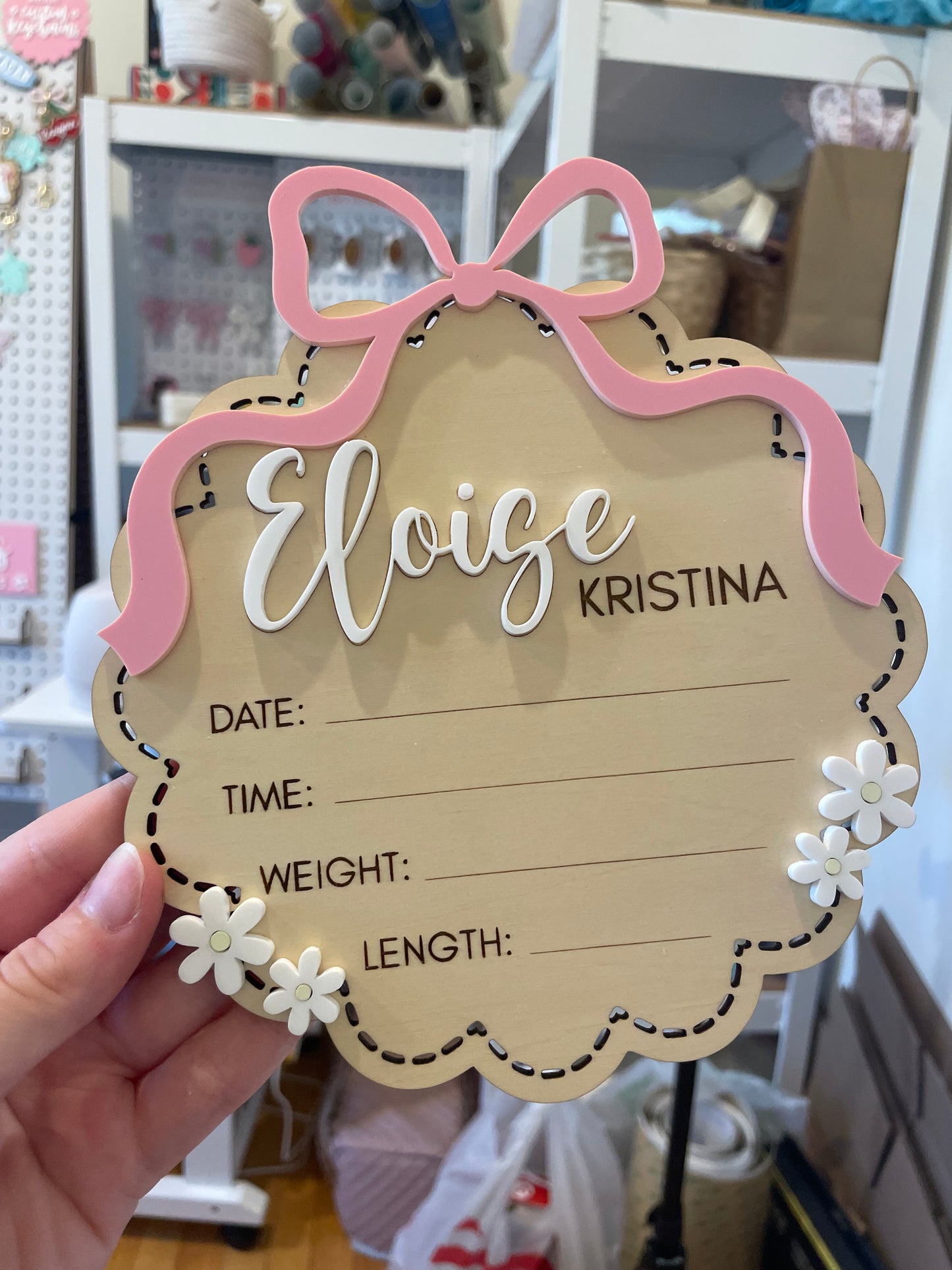 Custom Bow and Flowers Baby Announcement Sign