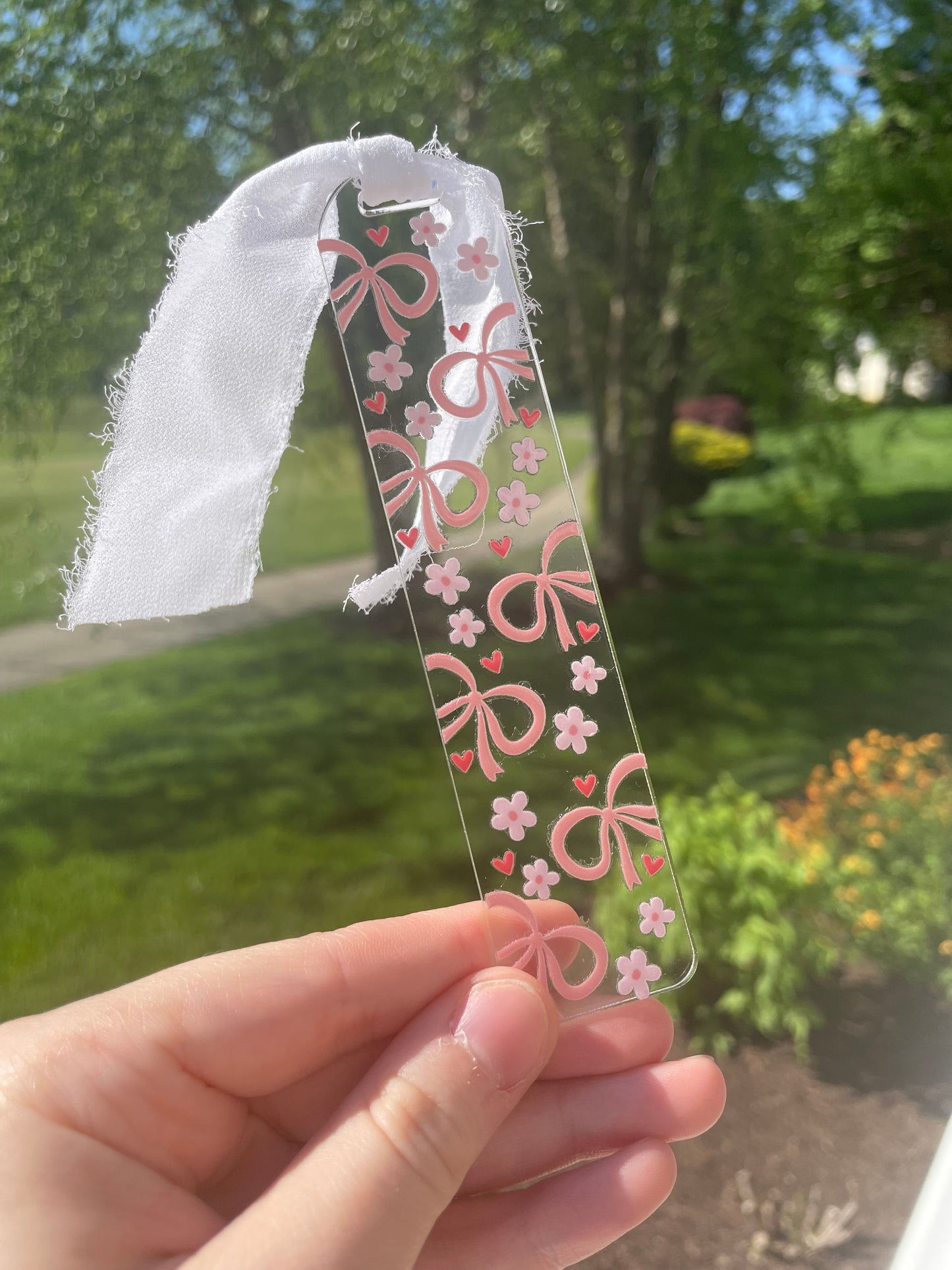 Beautiful Bows and Flowers Clear Acrylic Bookmark with Chiffon Ribbon