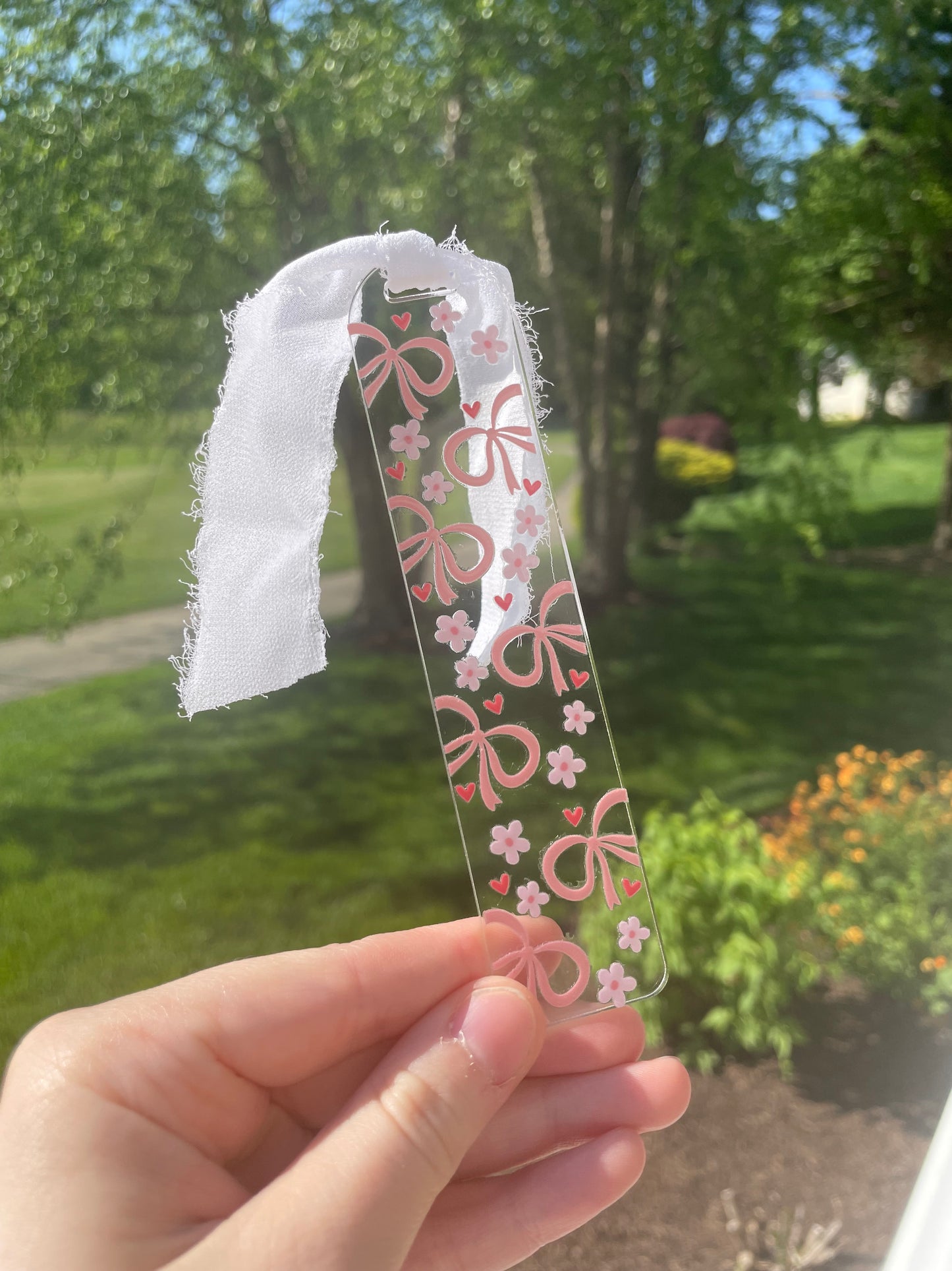 Beautiful Bows and Flowers Clear Acrylic Bookmark with Chiffon Ribbon