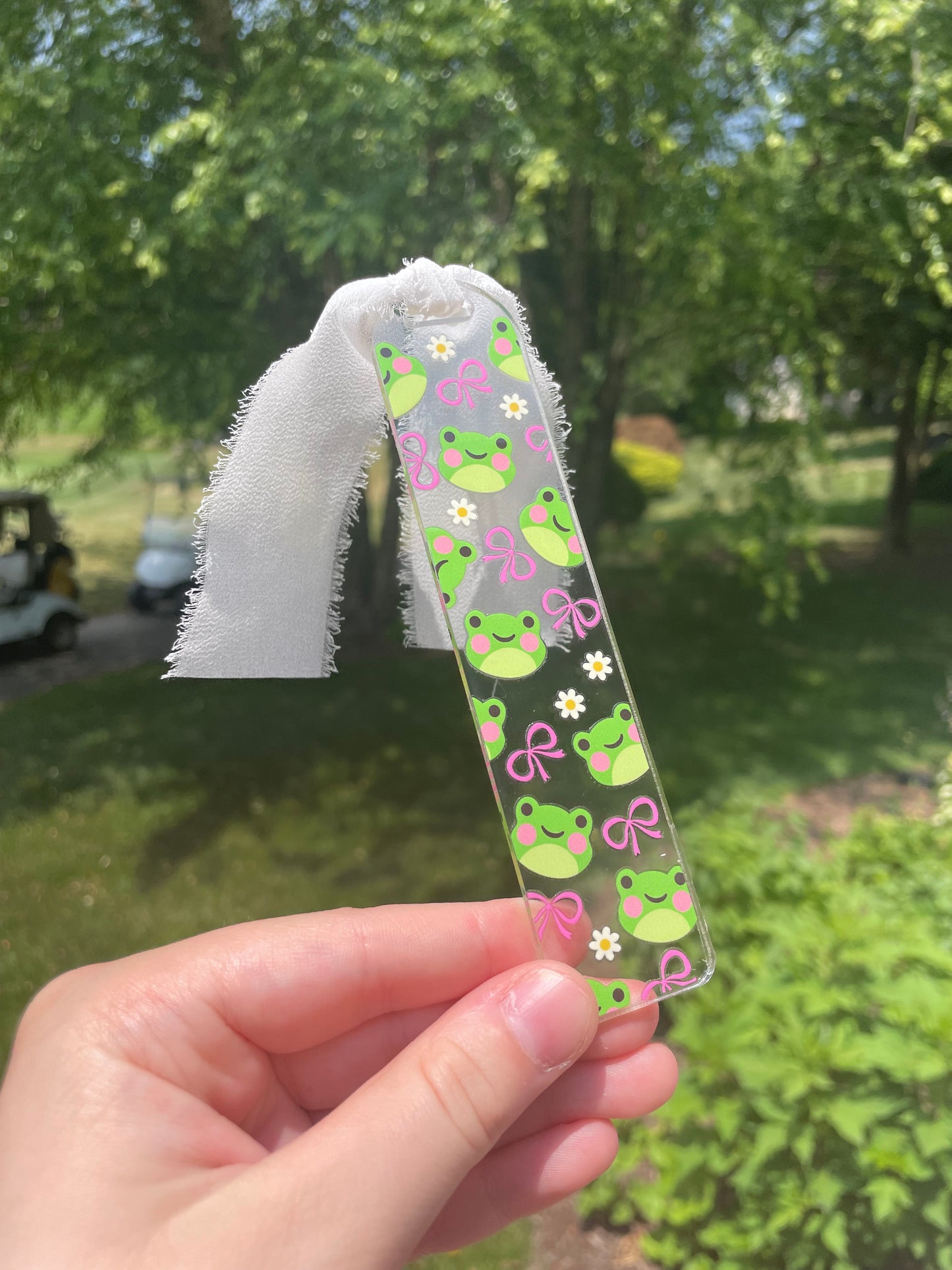Adorable Froggies and Pink Bows Clear Acrylic Bookmark with Chiffon Ribbon