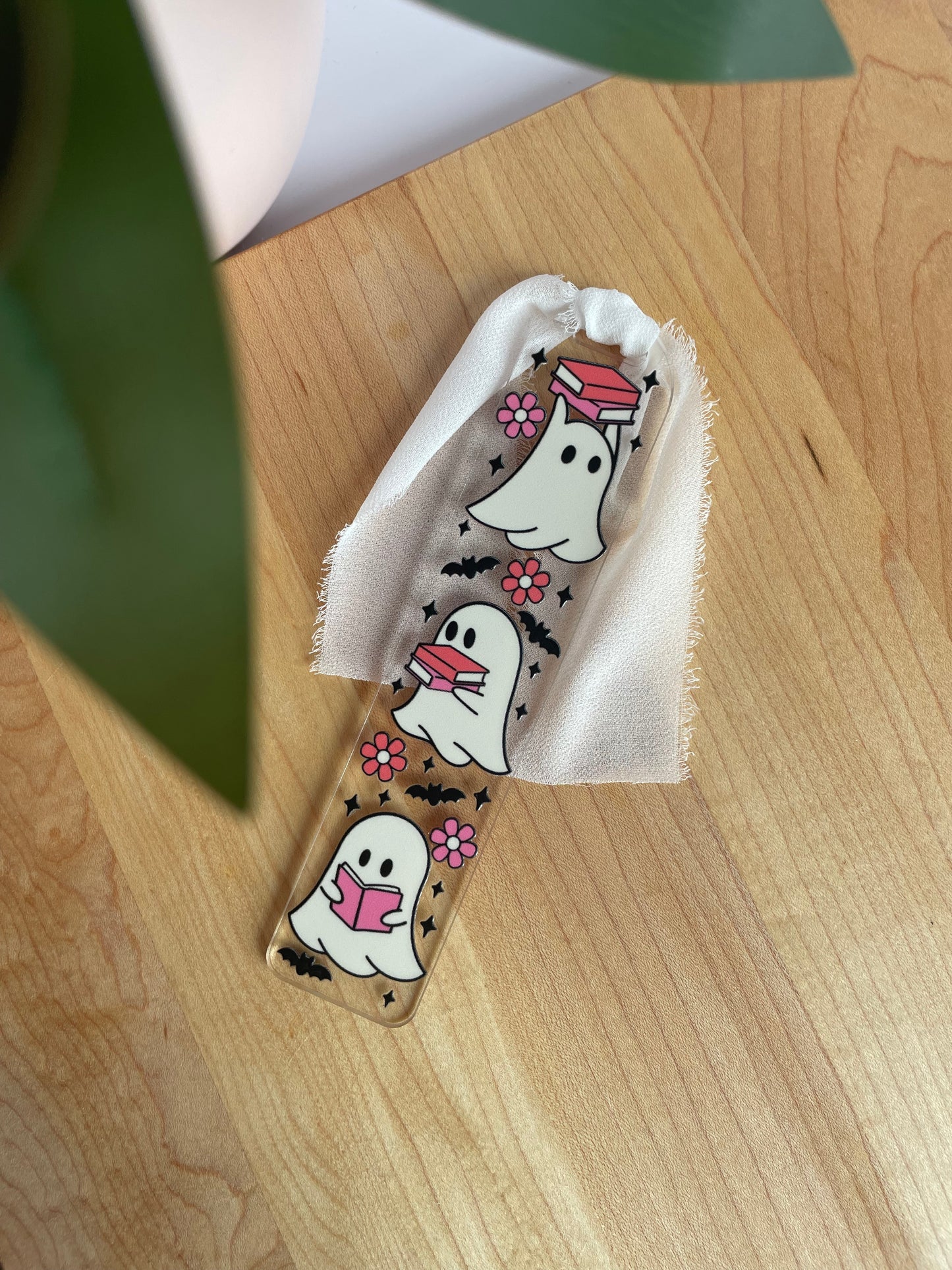Bookish Ghosts Clear Acrylic Bookmark with Chiffon Ribbon
