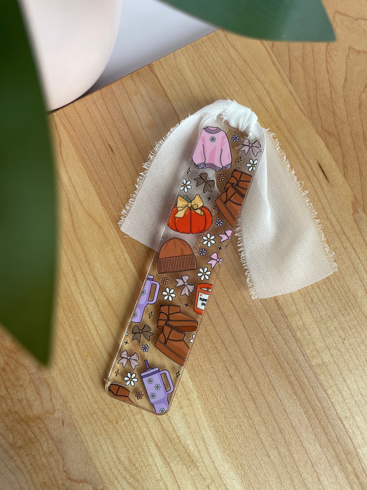 Comfy Fall Outfit Clear Acrylic Bookmark with Chiffon Ribbon