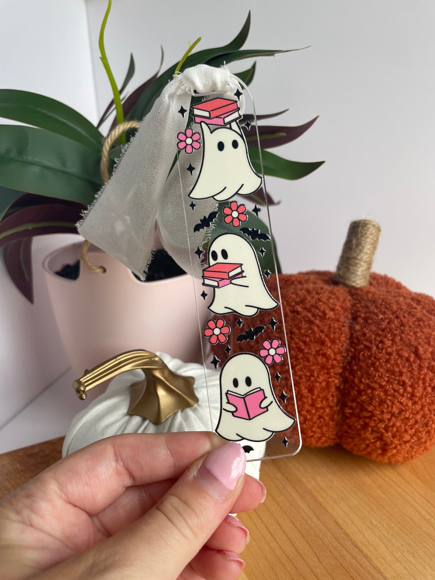 Bookish Ghosts Clear Acrylic Bookmark with Chiffon Ribbon
