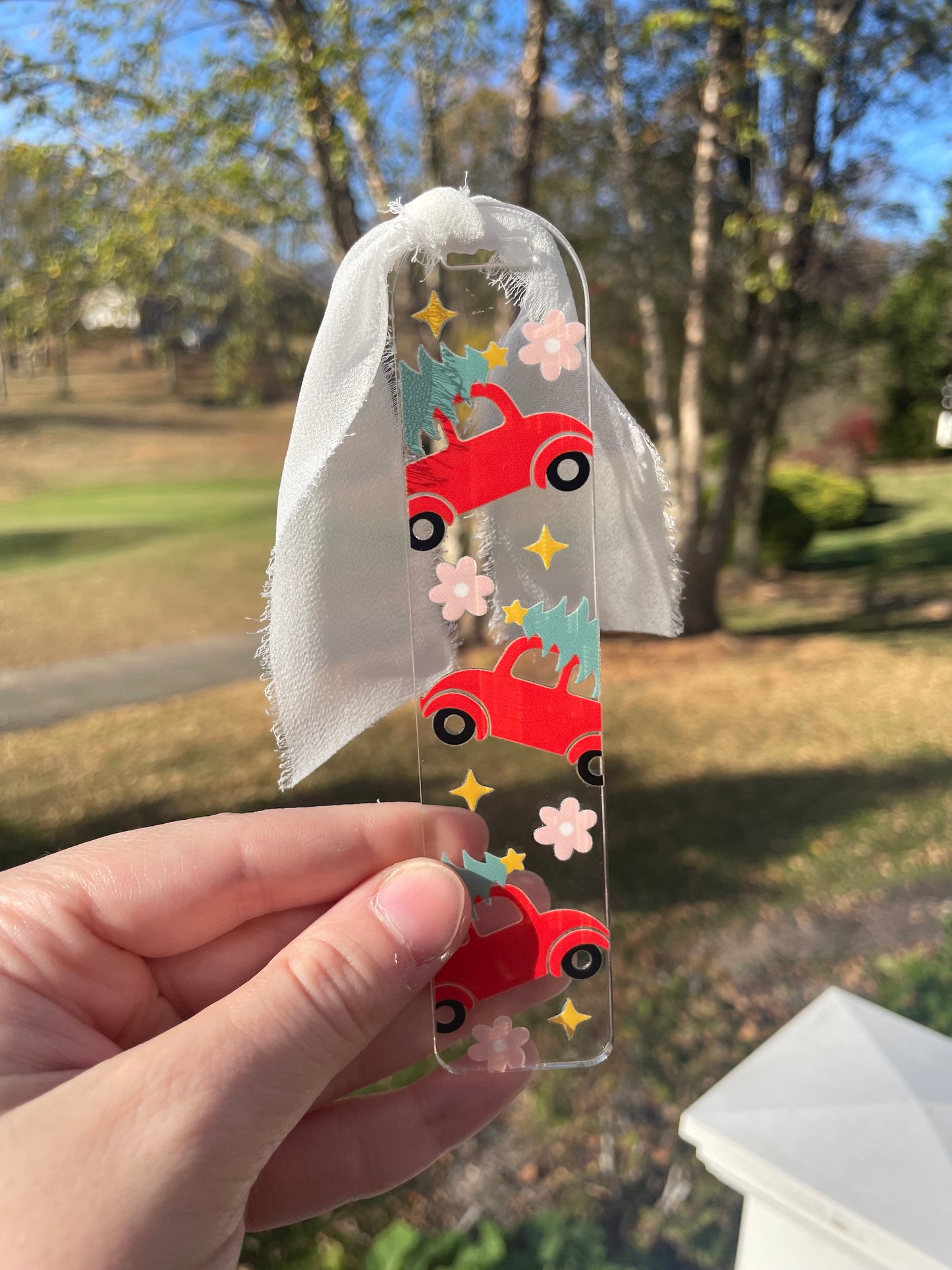 Red Christmas Truck Clear Acrylic Bookmark with Chiffon Ribbon