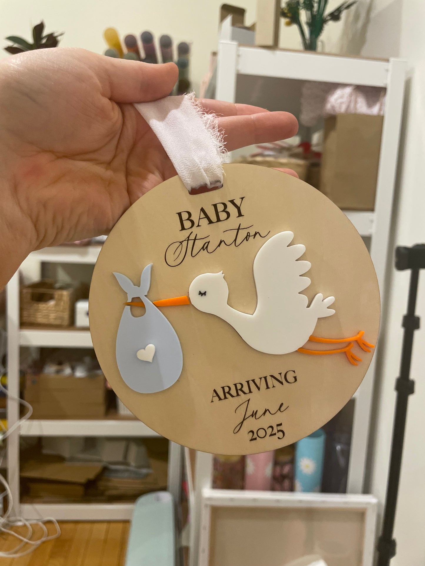 Arriving Baby Stork Wooden Gift Tag with Chiffon Ribbon
