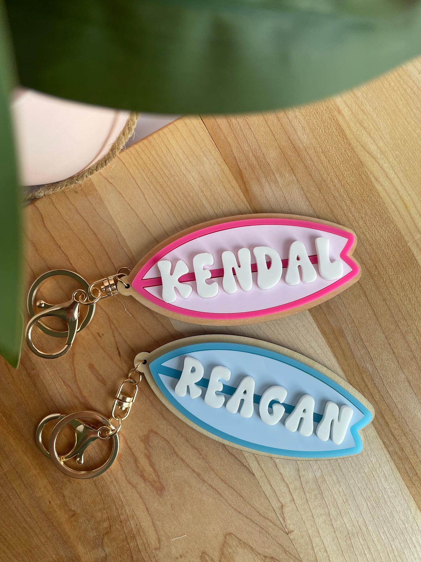 Custom Colorful Surfboard Keychain with Gold Features