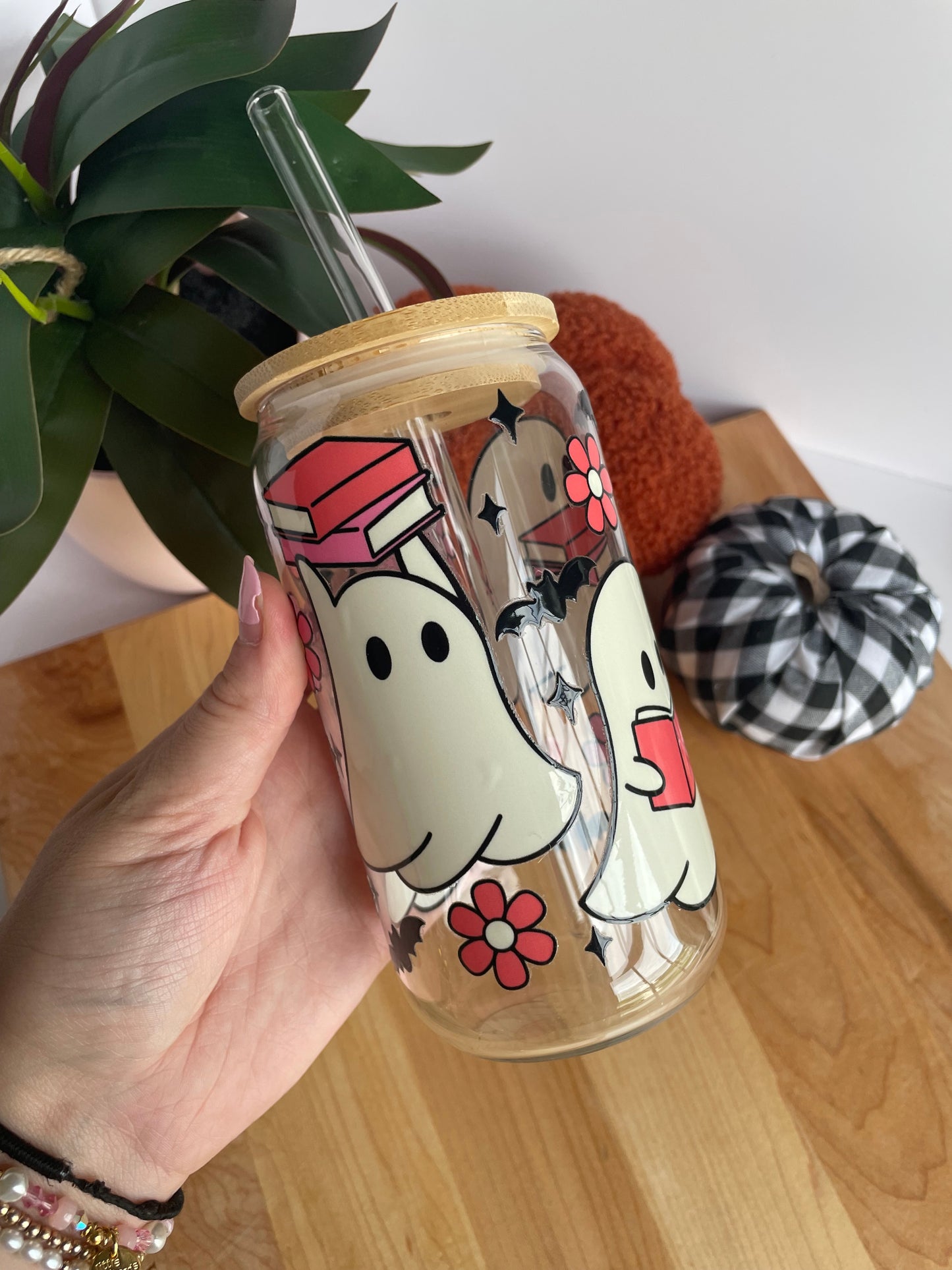 Bookish Ghosts Glass Cup with Bamboo Lid and Glass Straw