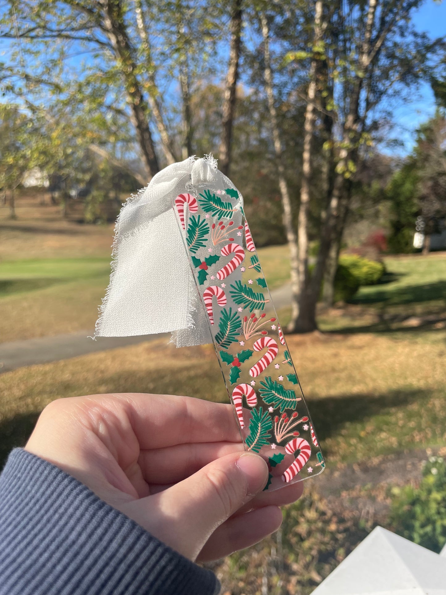 Candy Canes and Greenery Clear Acrylic Bookmark with Chiffon Ribbon