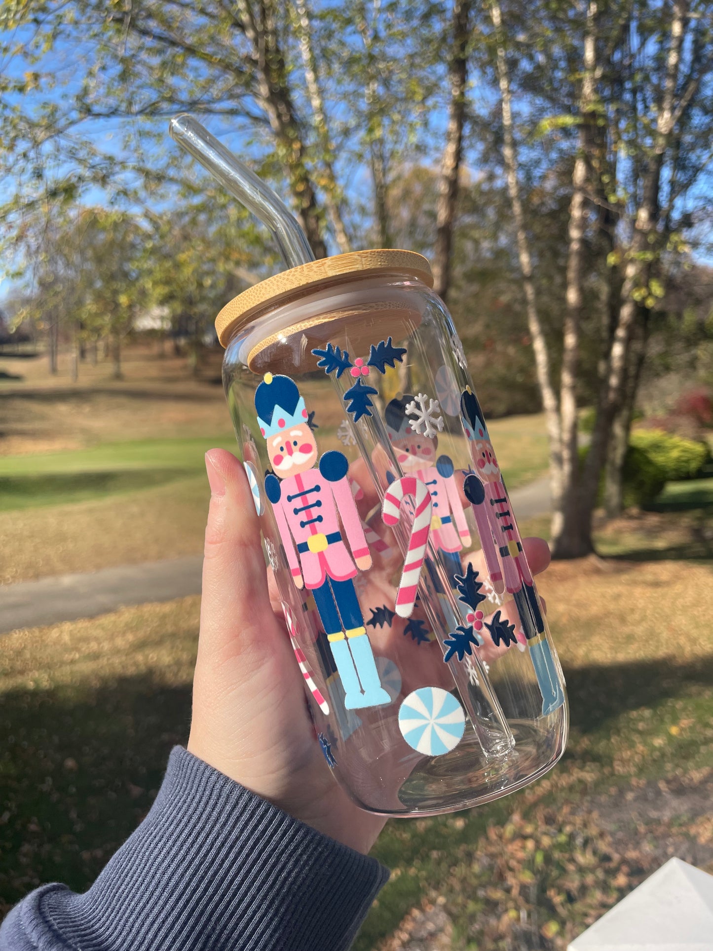 Blue Nutcrackers Holiday Glass Cup with Bamboo Lid and Glass Straw