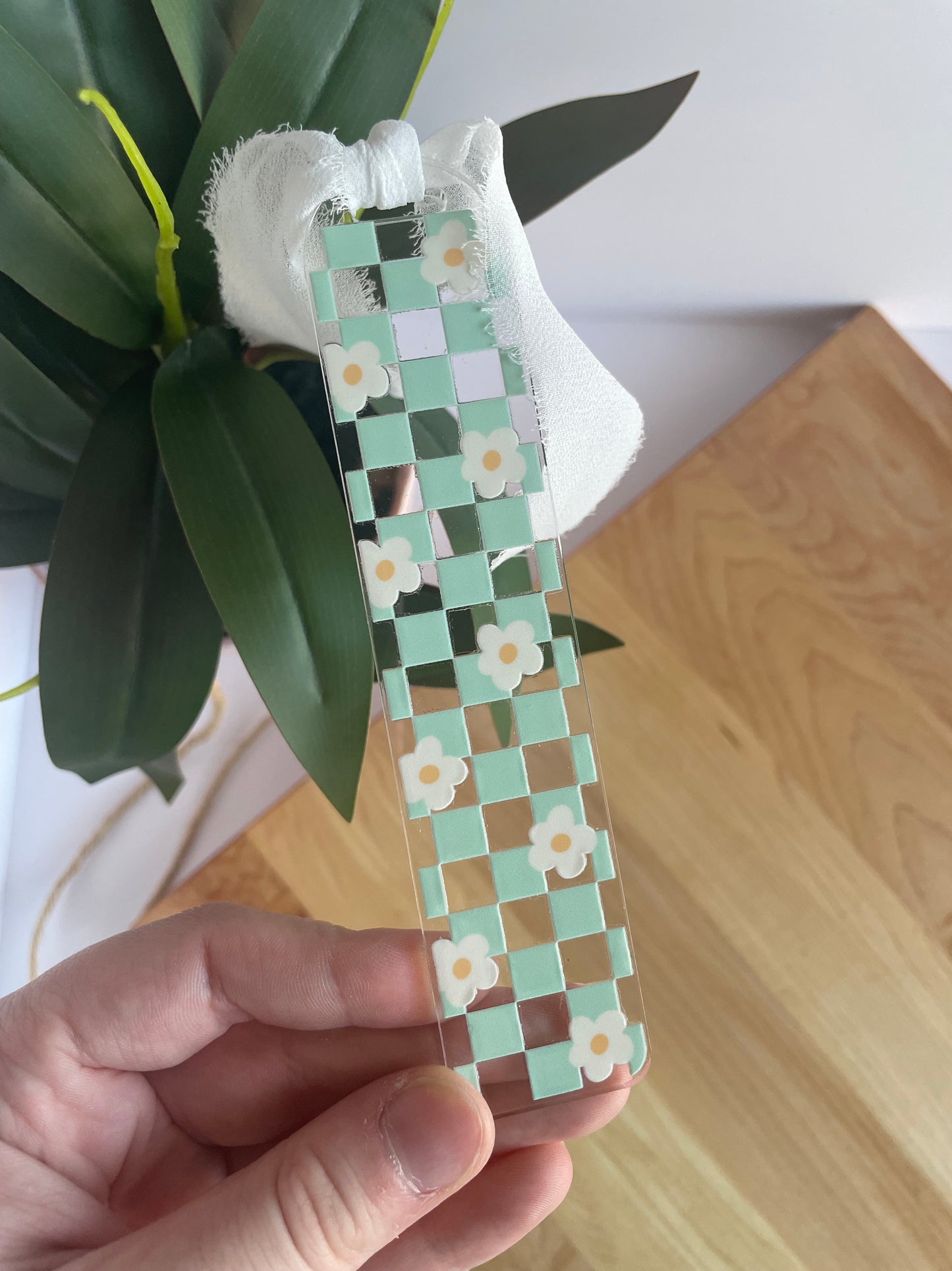 Teal Checkered Daises Clear Acrylic Bookmark with Chiffon Ribbon