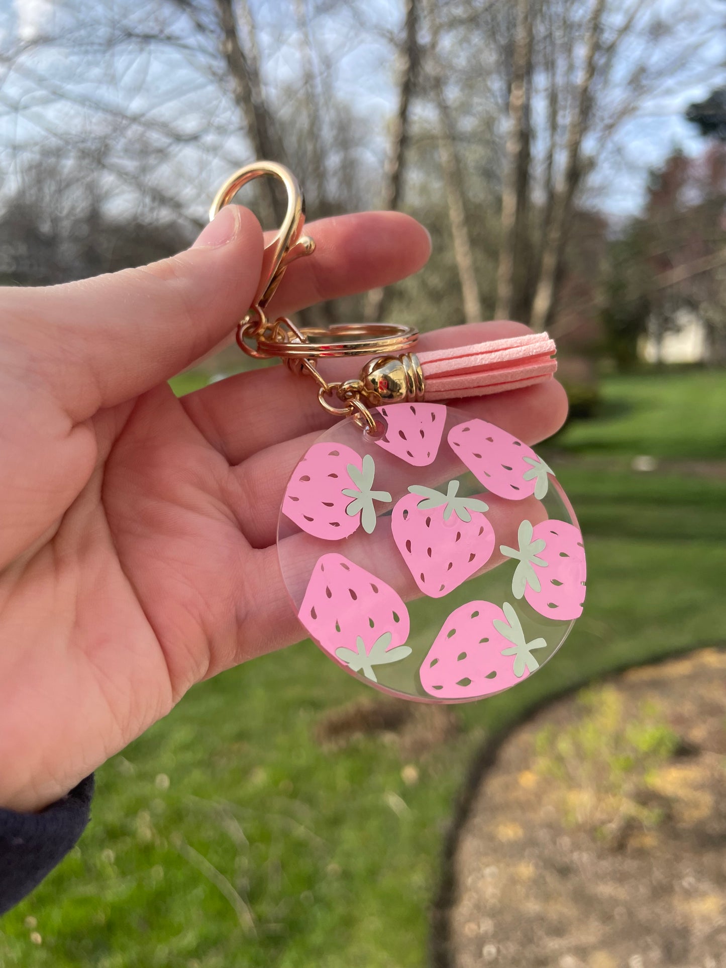 Cute Strawberries Circle Clear Acrylic Keychain with Tassel and Gold Features