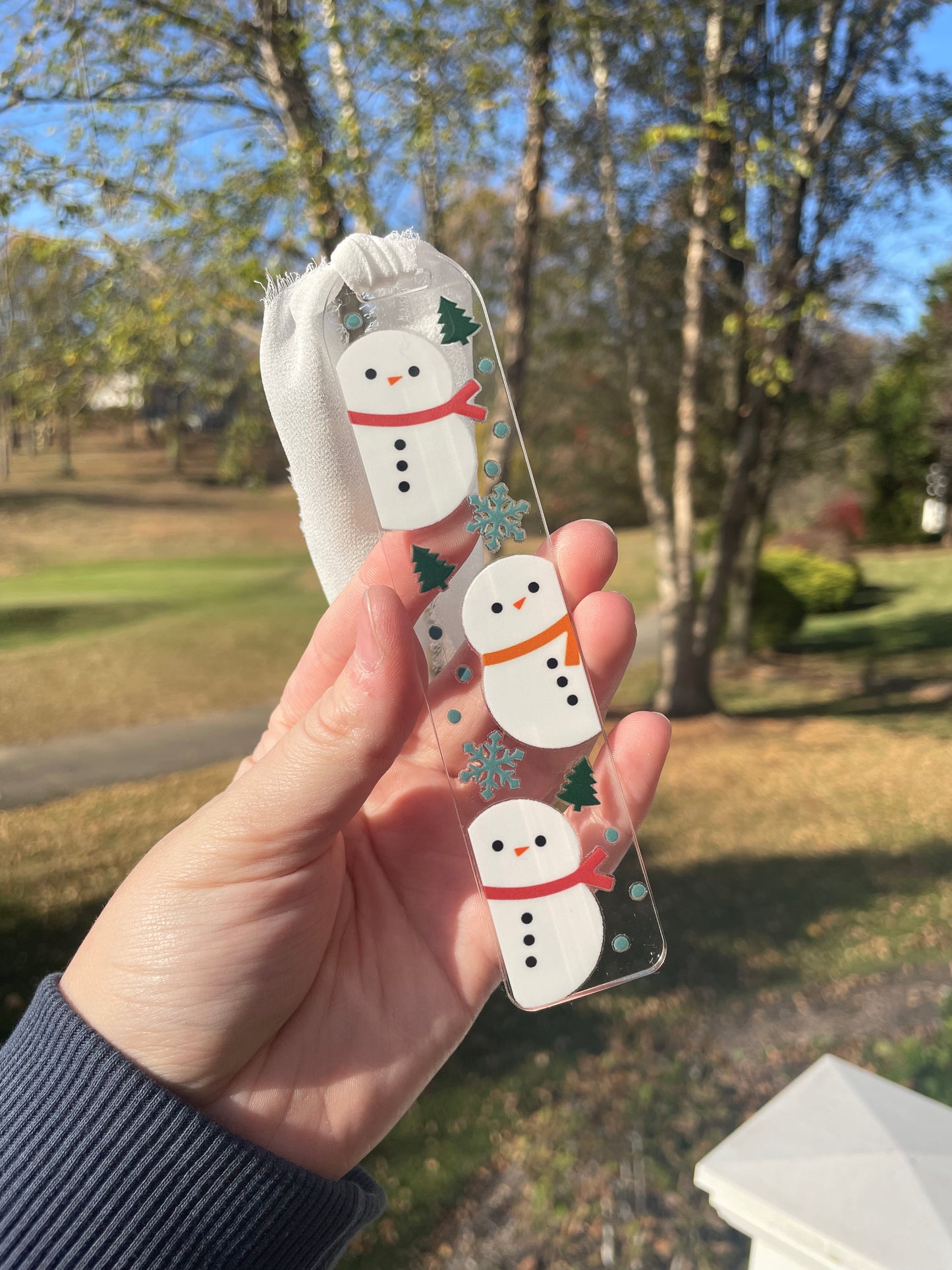 Holiday Snowmen Clear Acrylic Bookmark with Chiffon Ribbon