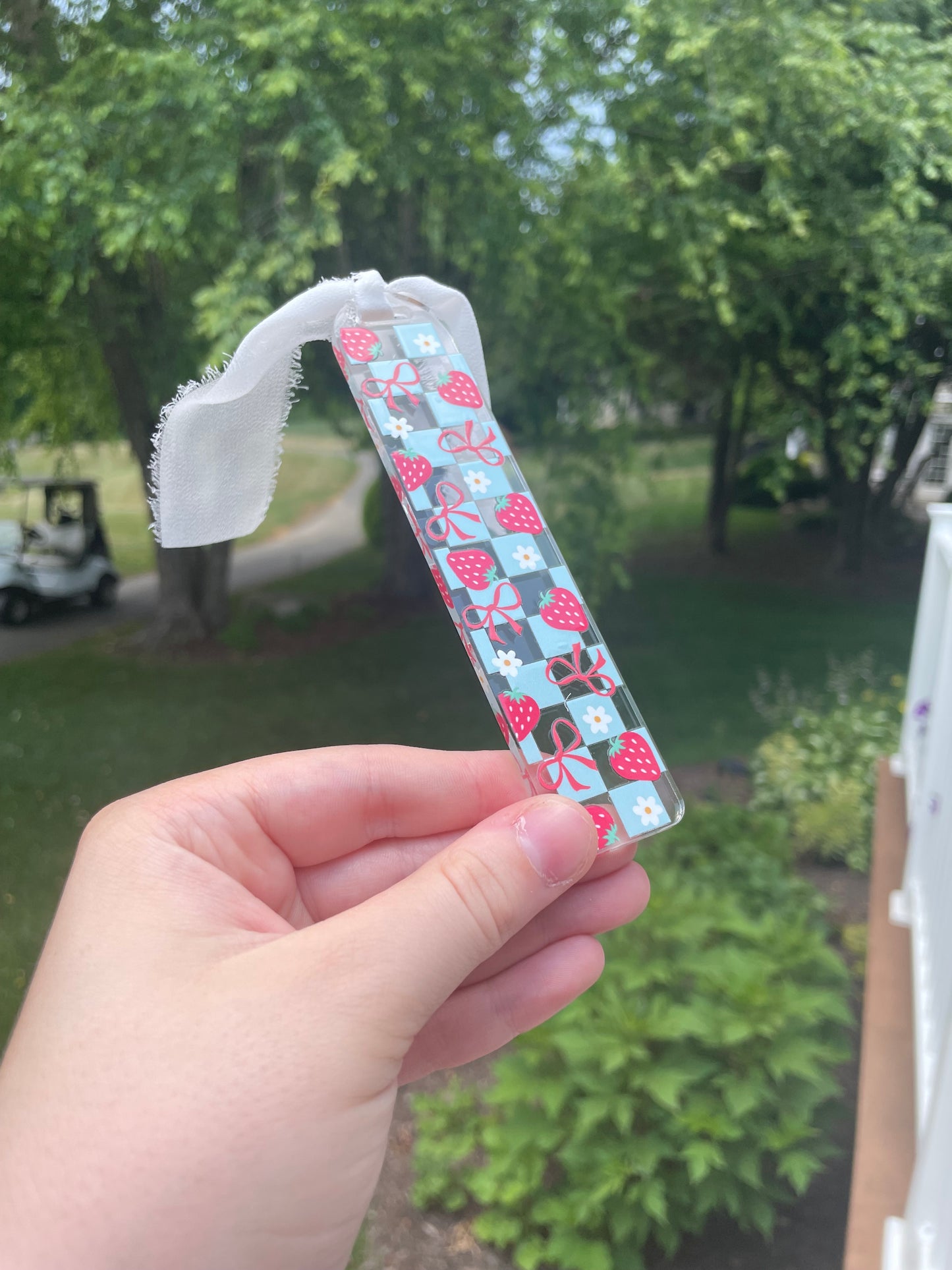 Blue Checkered Strawberries Clear Acrylic Bookmark with Chiffon Ribbon