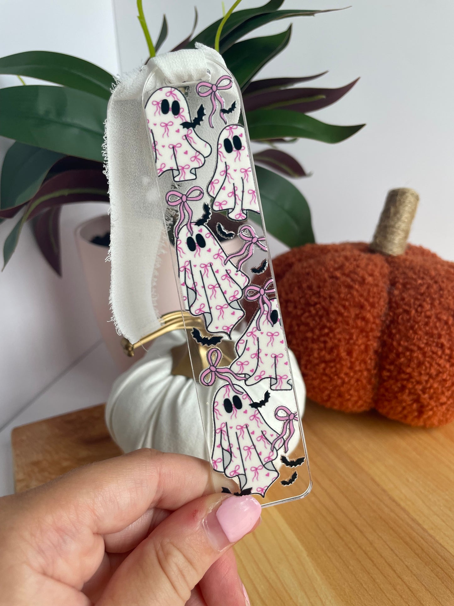 Beautiful Bow Ghosts Clear Acrylic Bookmark with Chiffon Ribbon