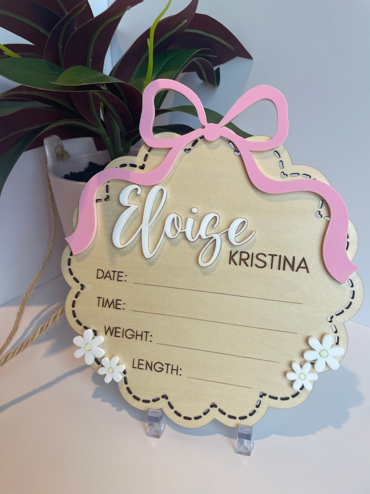 Custom Bow and Flowers Baby Announcement Sign