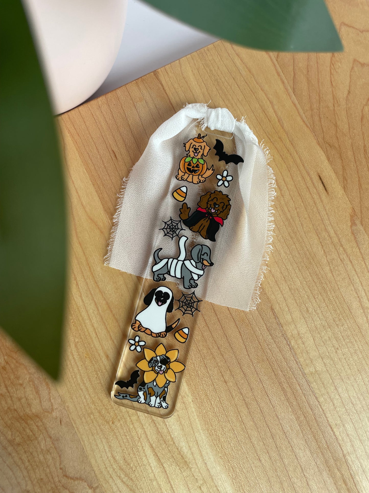 Halloween Costume Dogs Clear Acrylic Bookmark with Chiffon Ribbon