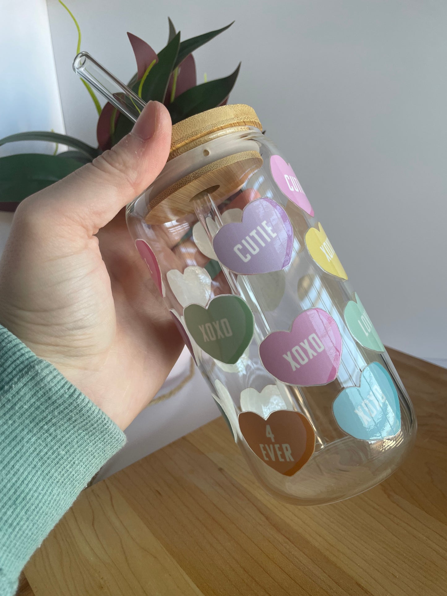Conversation Hearts Glass Cup with Bamboo Lid and Glass Straw