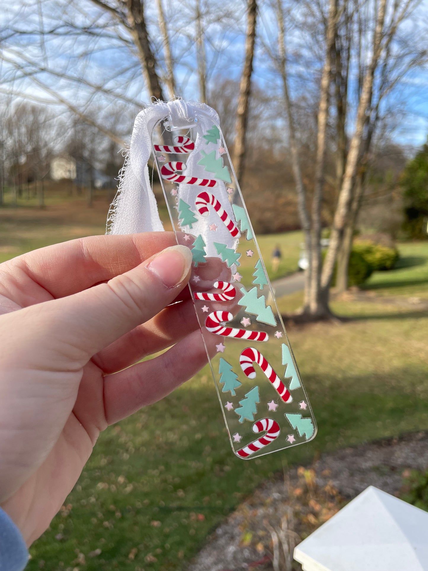 Candy Canes and Holiday Trees Clear Acrylic Bookmark with Chiffon Ribbon