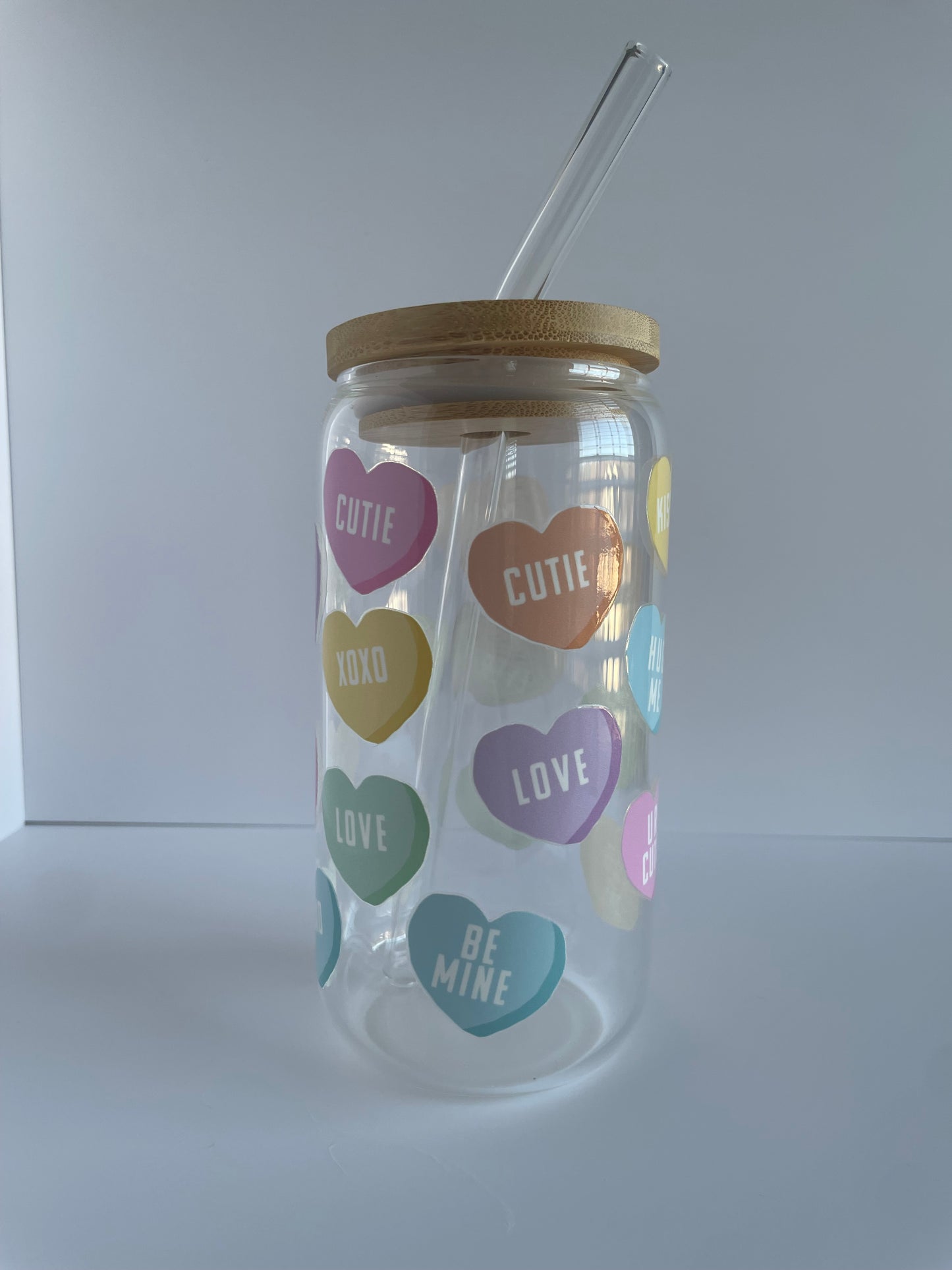Conversation Hearts Glass Cup with Bamboo Lid and Glass Straw