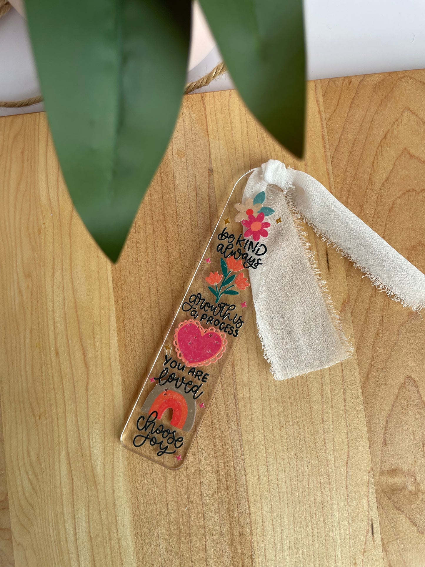 Positive Affirmations Clear Acrylic Bookmark with Chiffon Ribbon