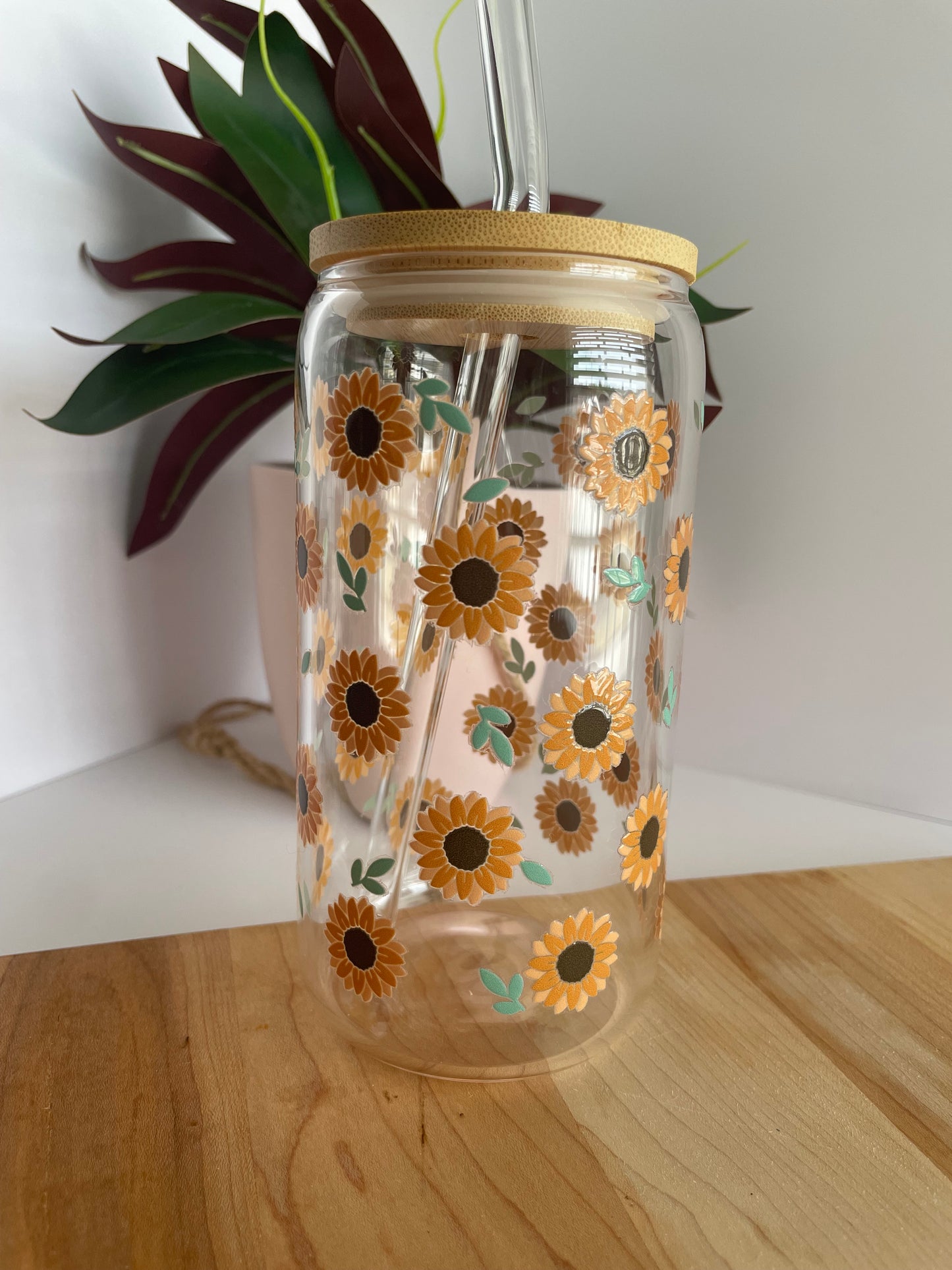 Blooming Sunflowers Glass Cup with Bamboo Lid and Glass Straw