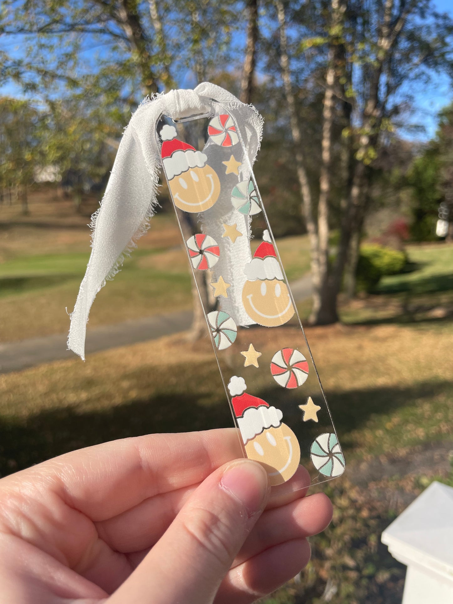 Santa Smiley Faces and Candies Clear Acrylic Bookmark with Chiffon Ribbon