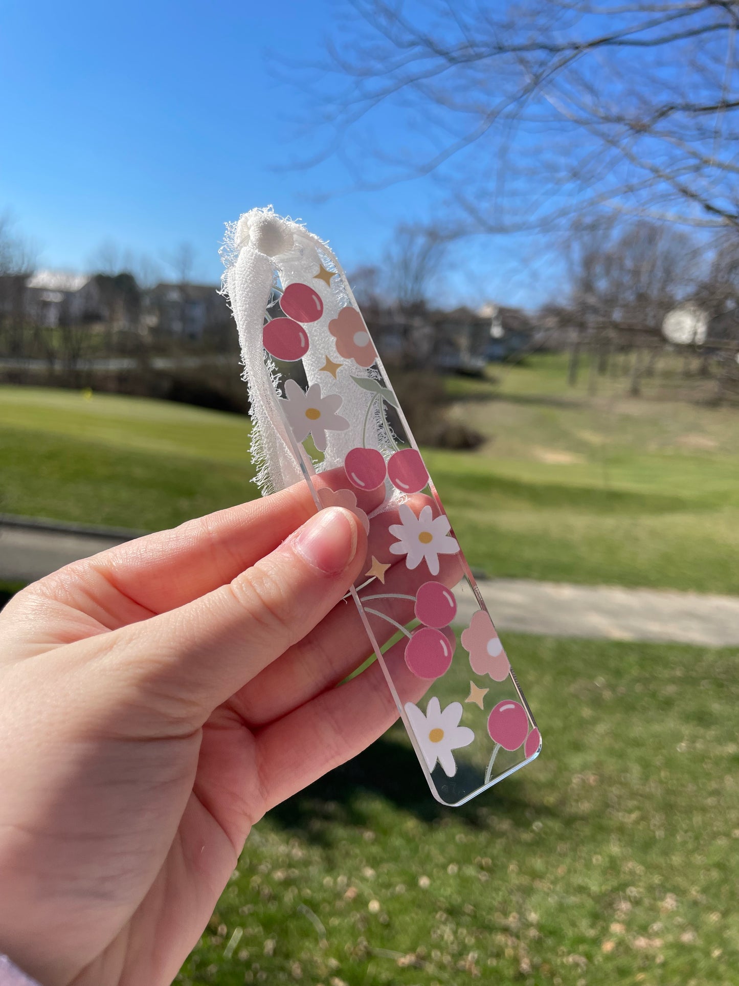Cherries and Flowers Cute Clear Acrylic Bookmark with Chiffon Ribbon