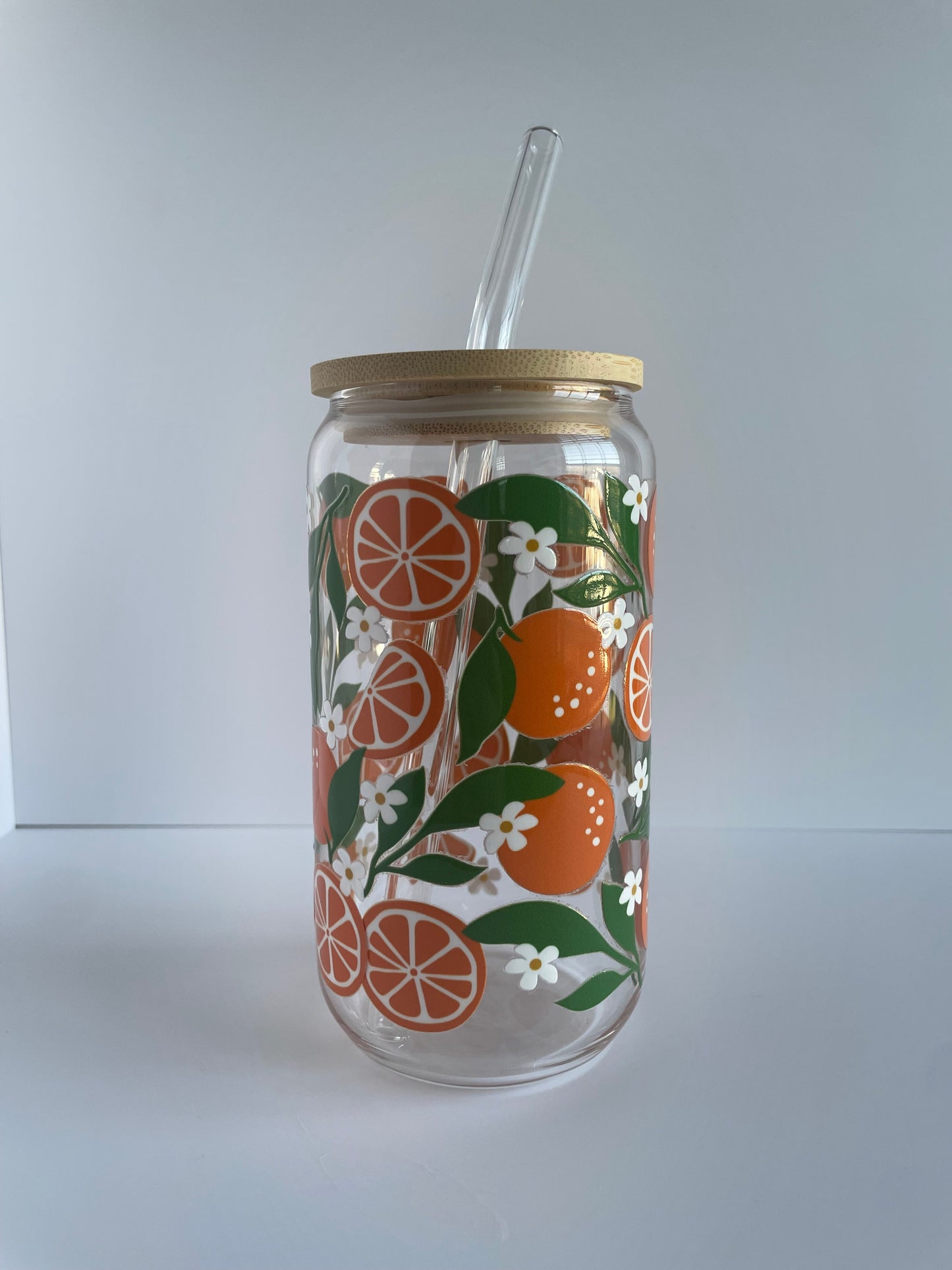 Summer Oranges Glass Cup with Bamboo Lid and Glass Straw