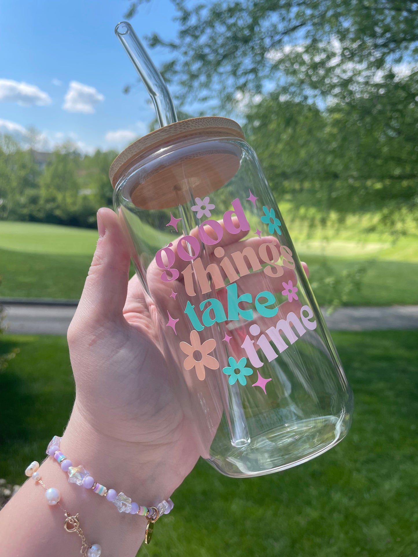 Good Things Take Time Colorful Glass Cup with Bamboo Lid and Glass Straw