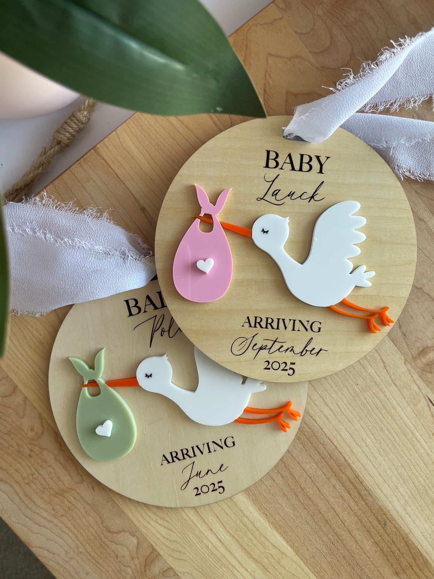 Arriving Baby Stork Wooden Gift Tag with Chiffon Ribbon