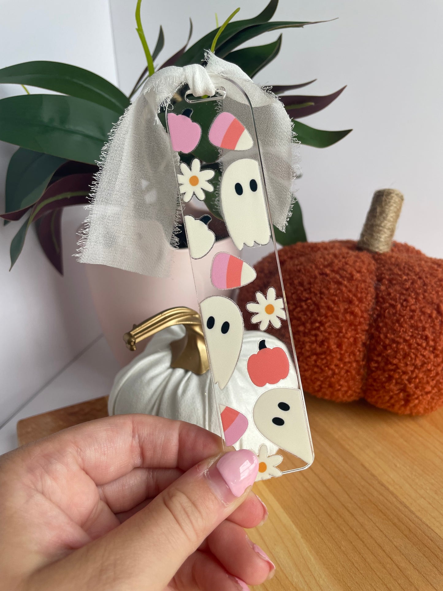 Ghosts and Candy Corn Clear Acrylic Bookmark with Chiffon Ribbon