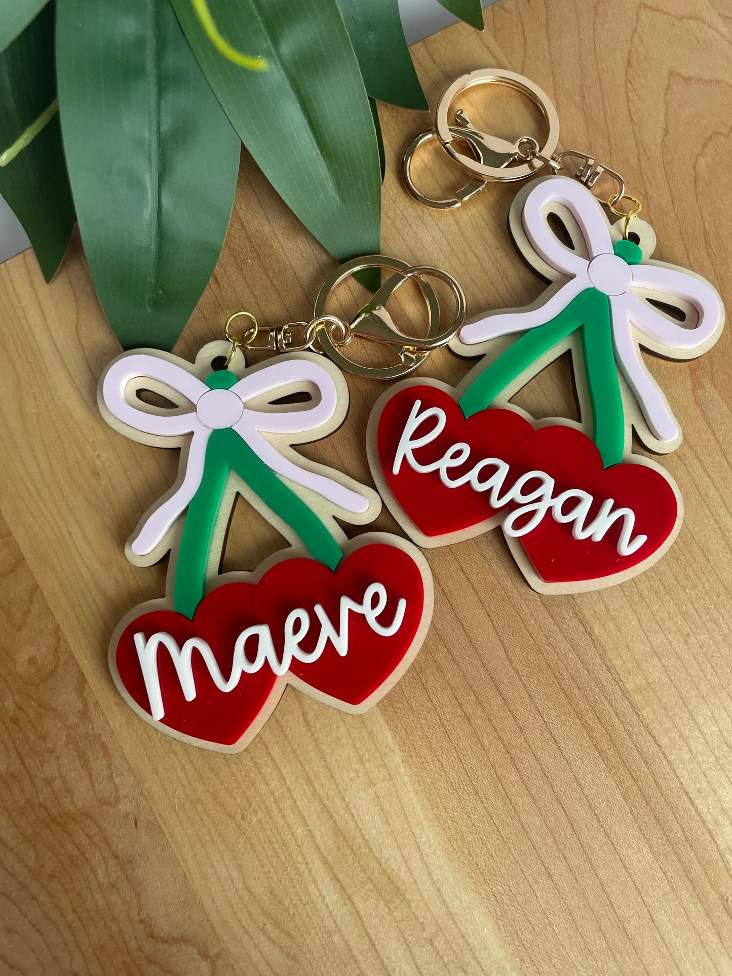 Cute Cherry and Bow Acrylic Keychain with Gold Features