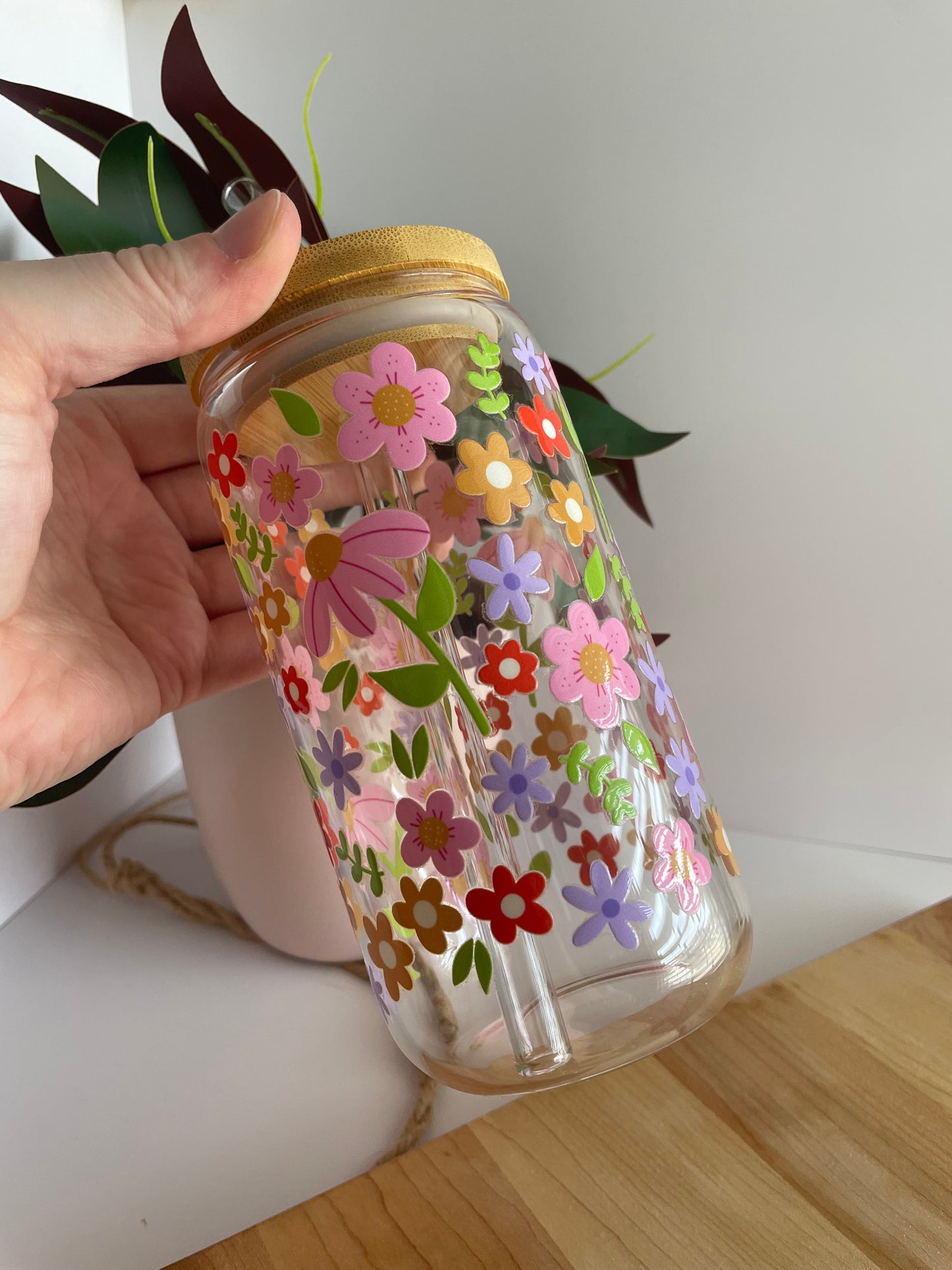 Spring Florals Glass Cup with Bamboo Lid and Glass Straw