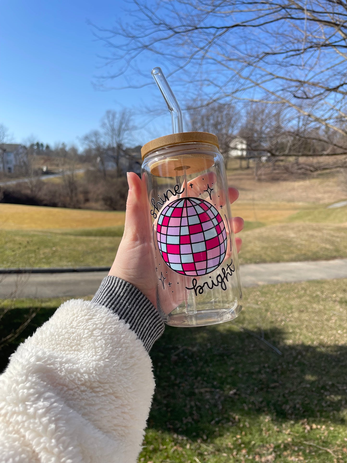 Shine Bright Disco Ball Glass Cup with Bamboo Lid and Glass Straw
