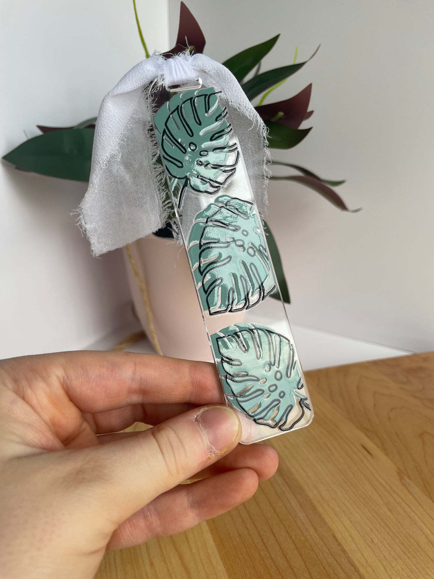 Monstera Leaves Clear Acrylic Bookmark with Chiffon Ribbon