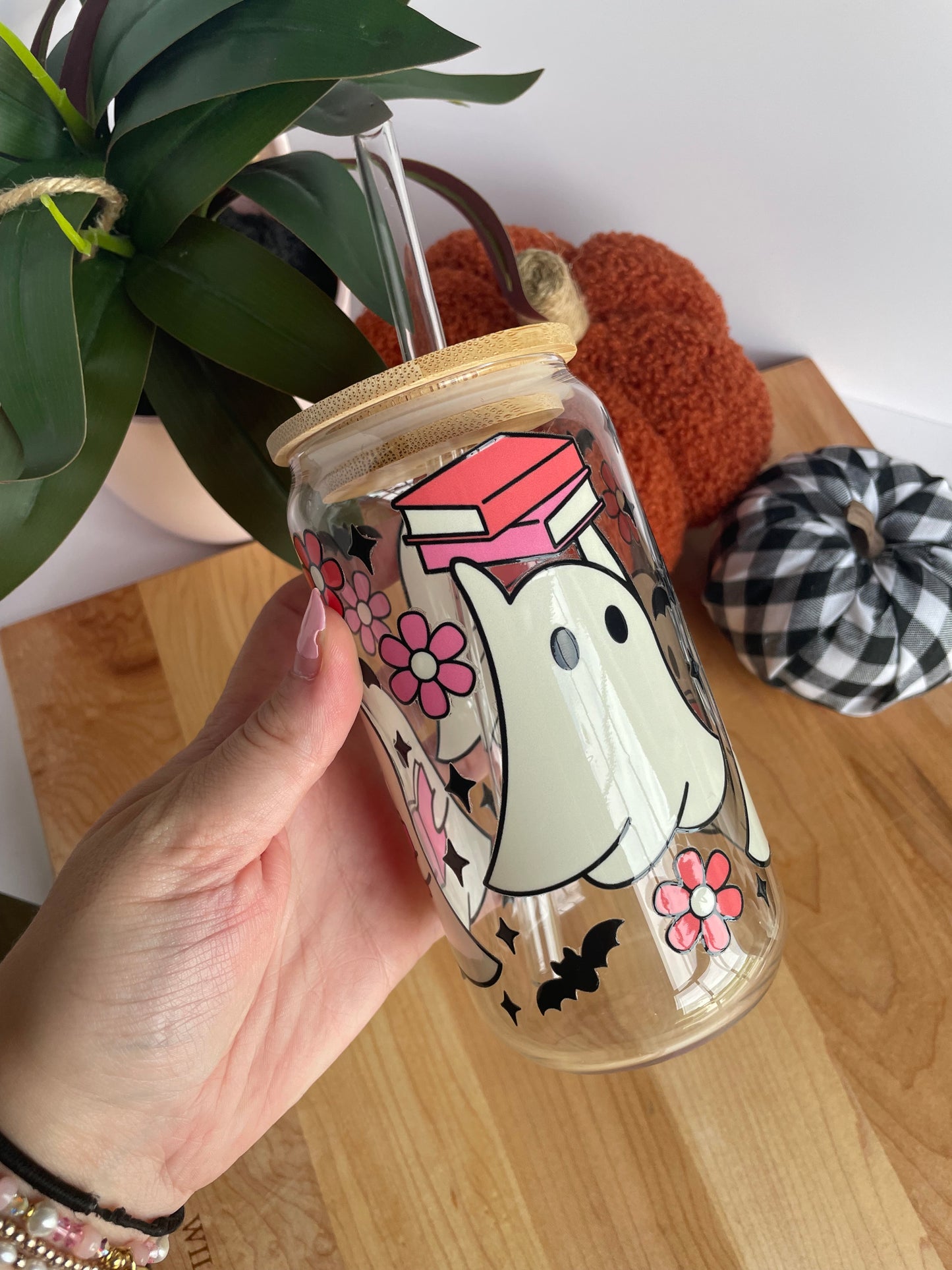 Bookish Ghosts Glass Cup with Bamboo Lid and Glass Straw