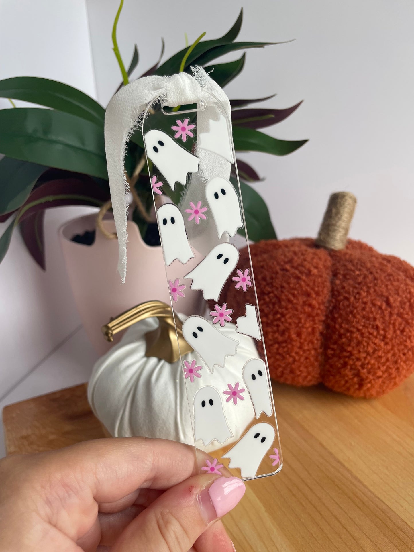 Pretty Flowers and Ghosts Clear Acrylic Bookmark with Chiffon Ribbon