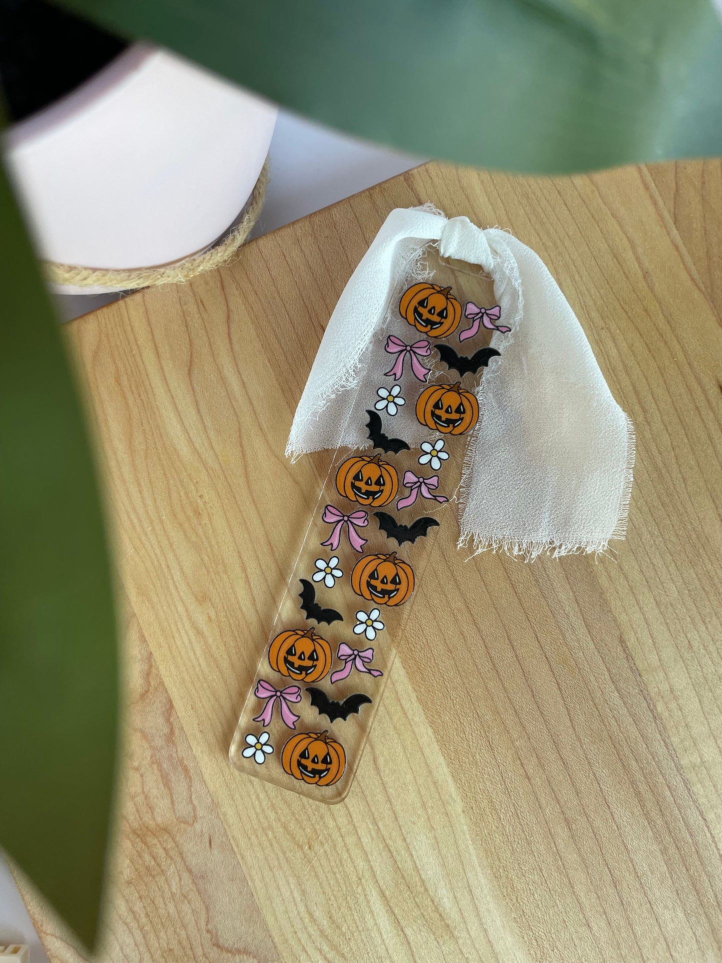 Pumpkins, Bows, and Bats Clear Acrylic bookmark with Chiffon Ribbon