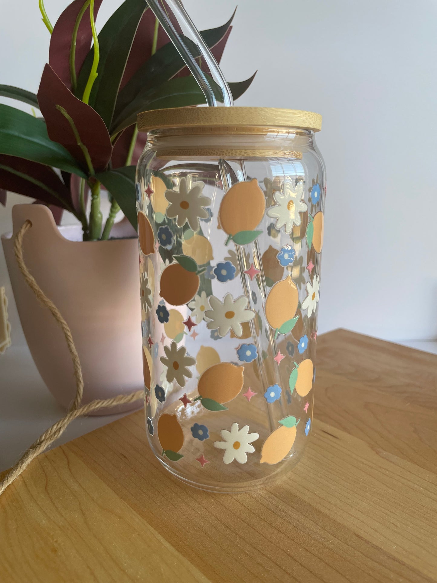 Flowers and Lemons Glass Cup with Bamboo Lid and Glass Straw