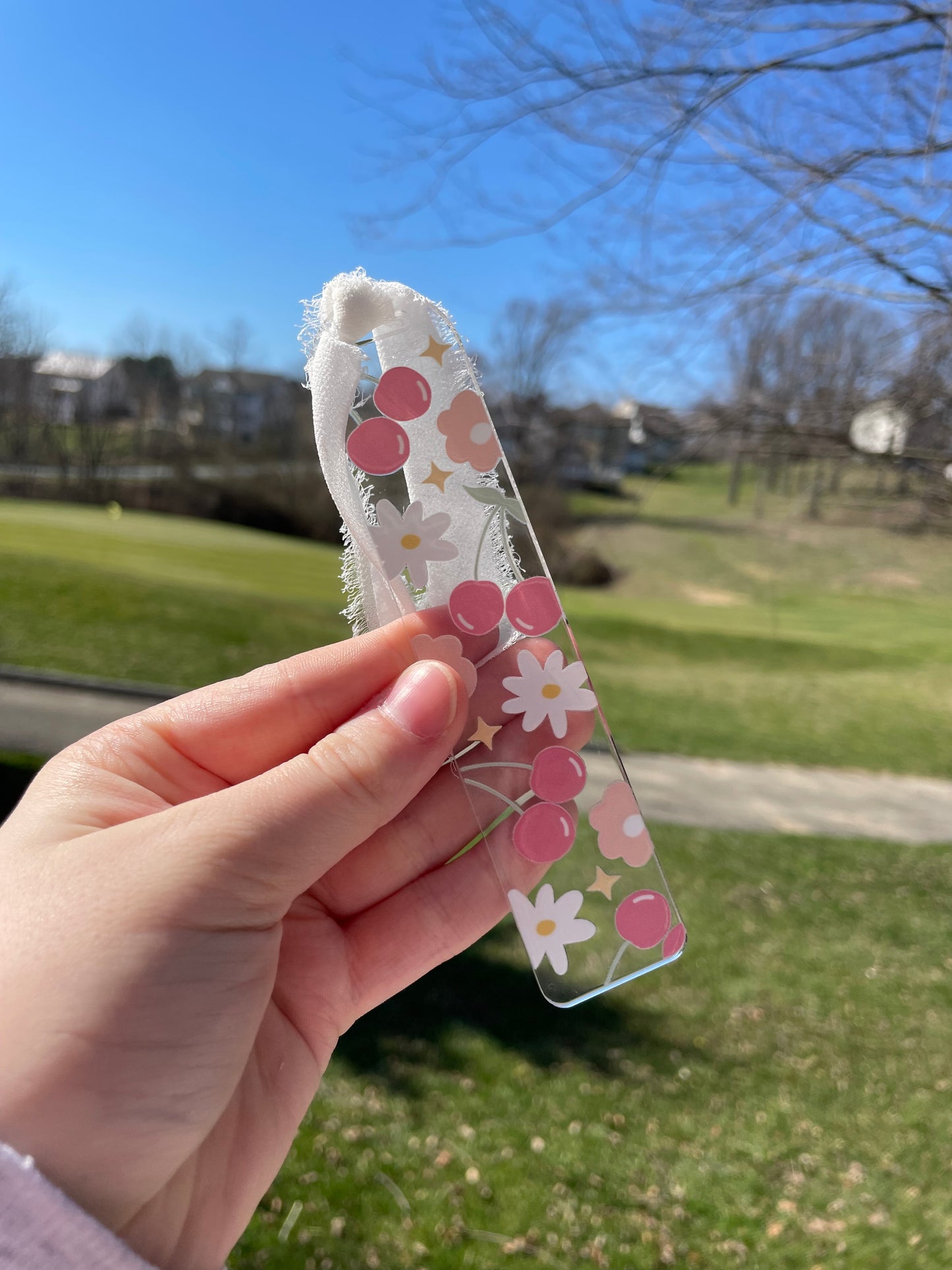Cherries and Flowers Cute Clear Acrylic Bookmark with Chiffon Ribbon