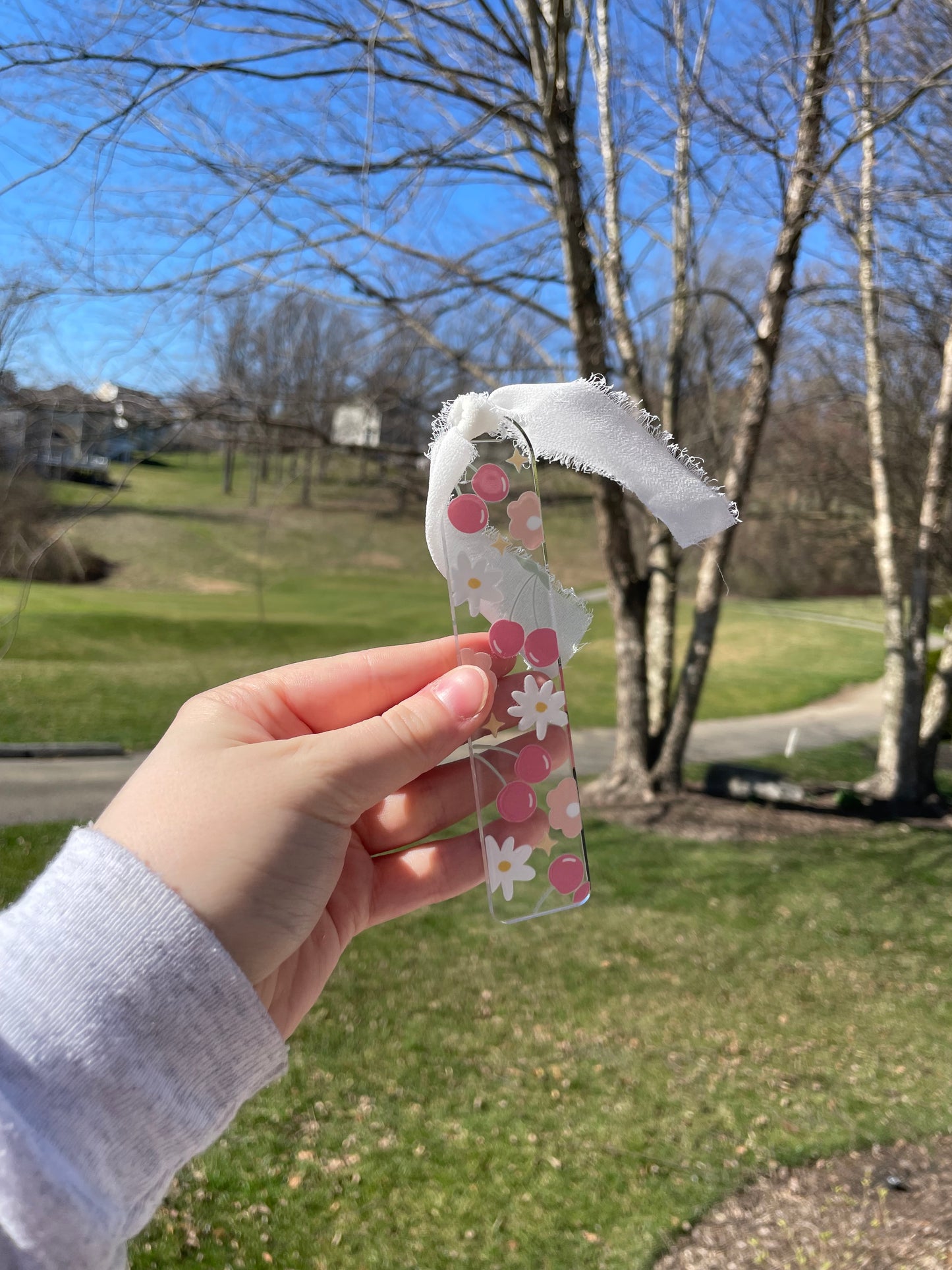 Cherries and Flowers Cute Clear Acrylic Bookmark with Chiffon Ribbon