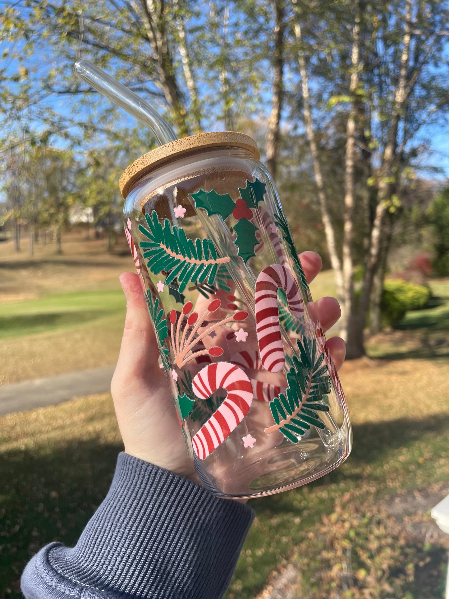 Candy Canes and Greenery Holiday Glass Cup with Bamboo Lid and Glass Straw