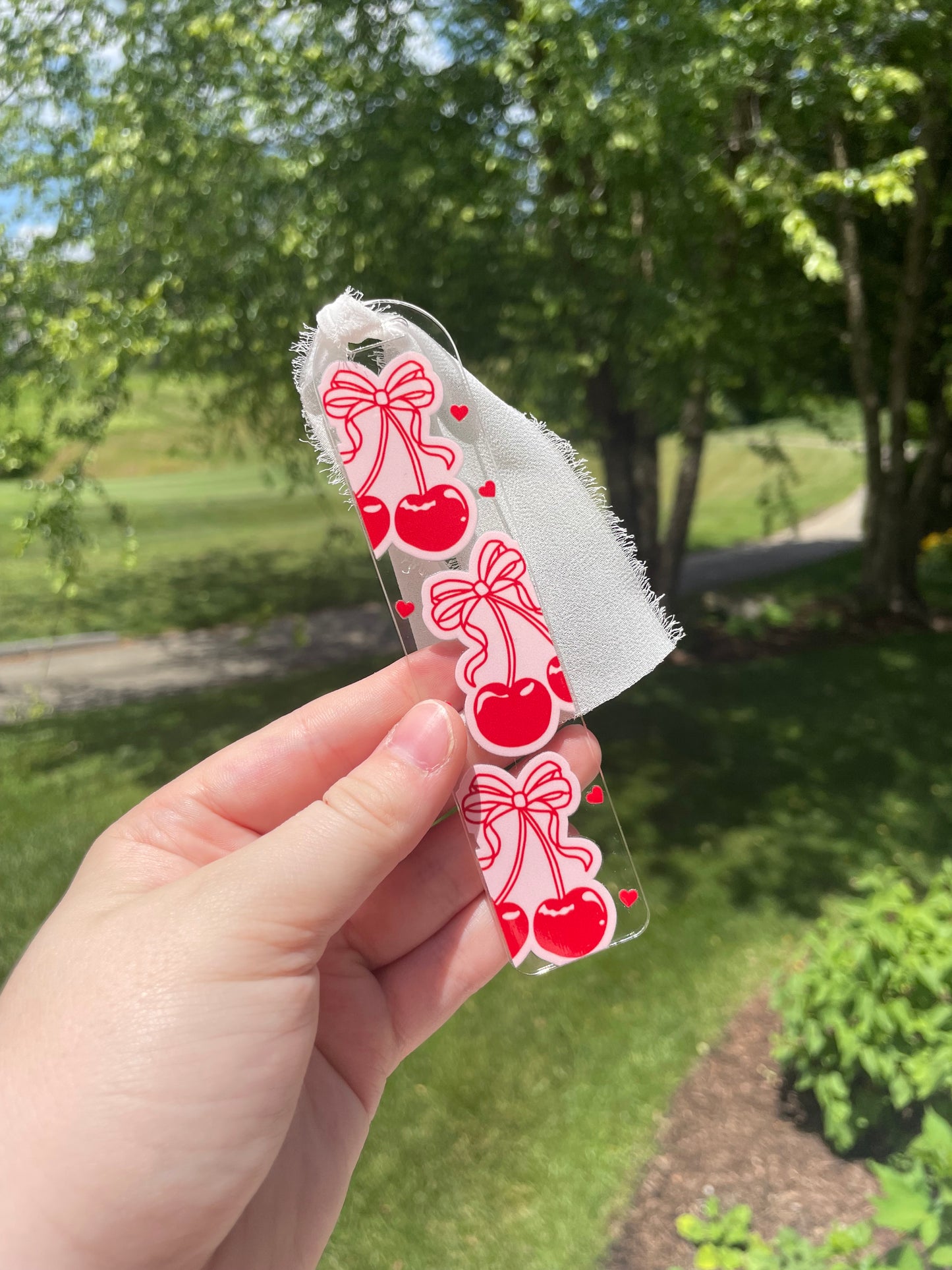 Coquette Cherries and Bows Clear Acrylic Bookmark with Chiffon Ribbon