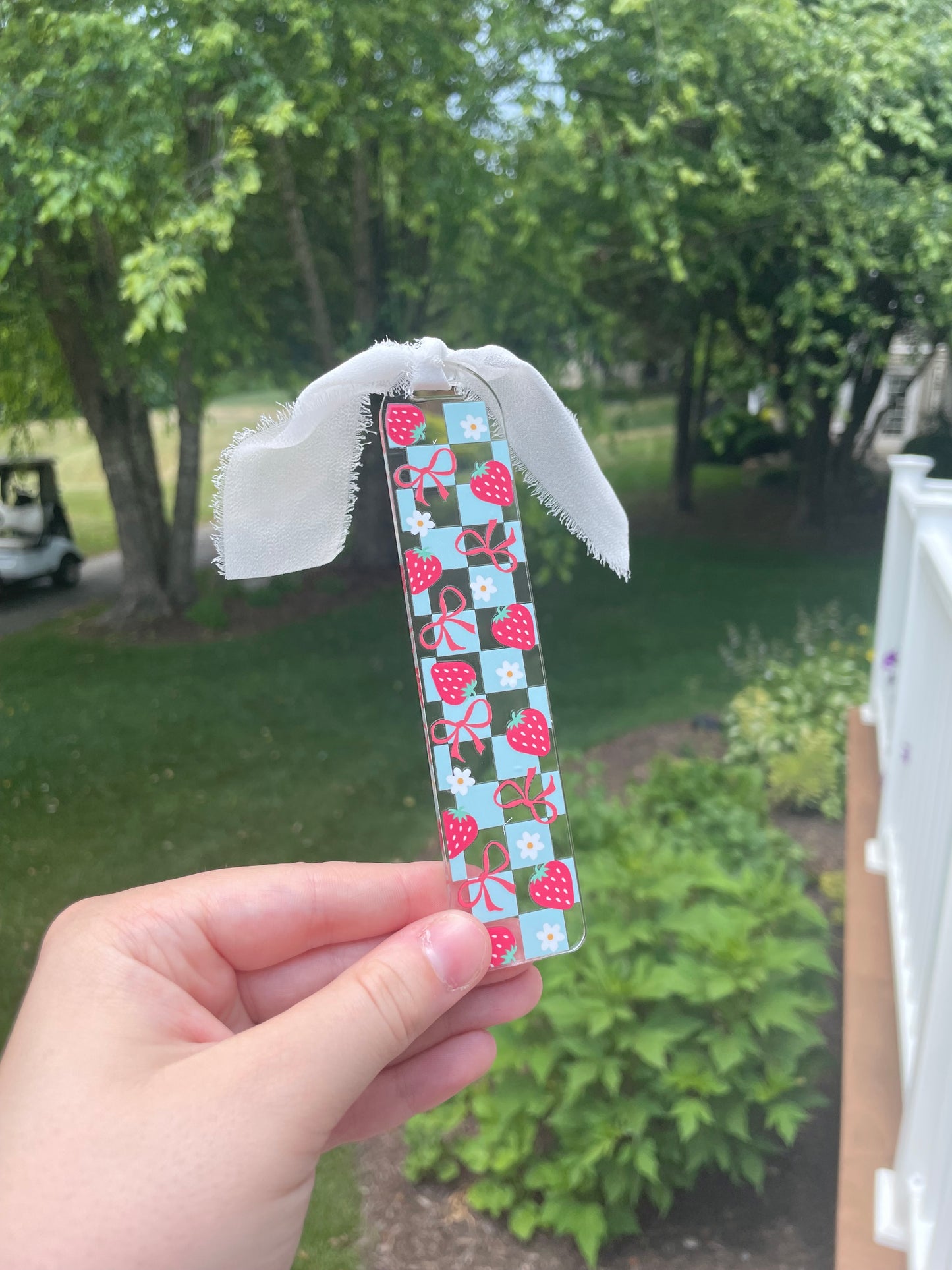 Blue Checkered Strawberries Clear Acrylic Bookmark with Chiffon Ribbon