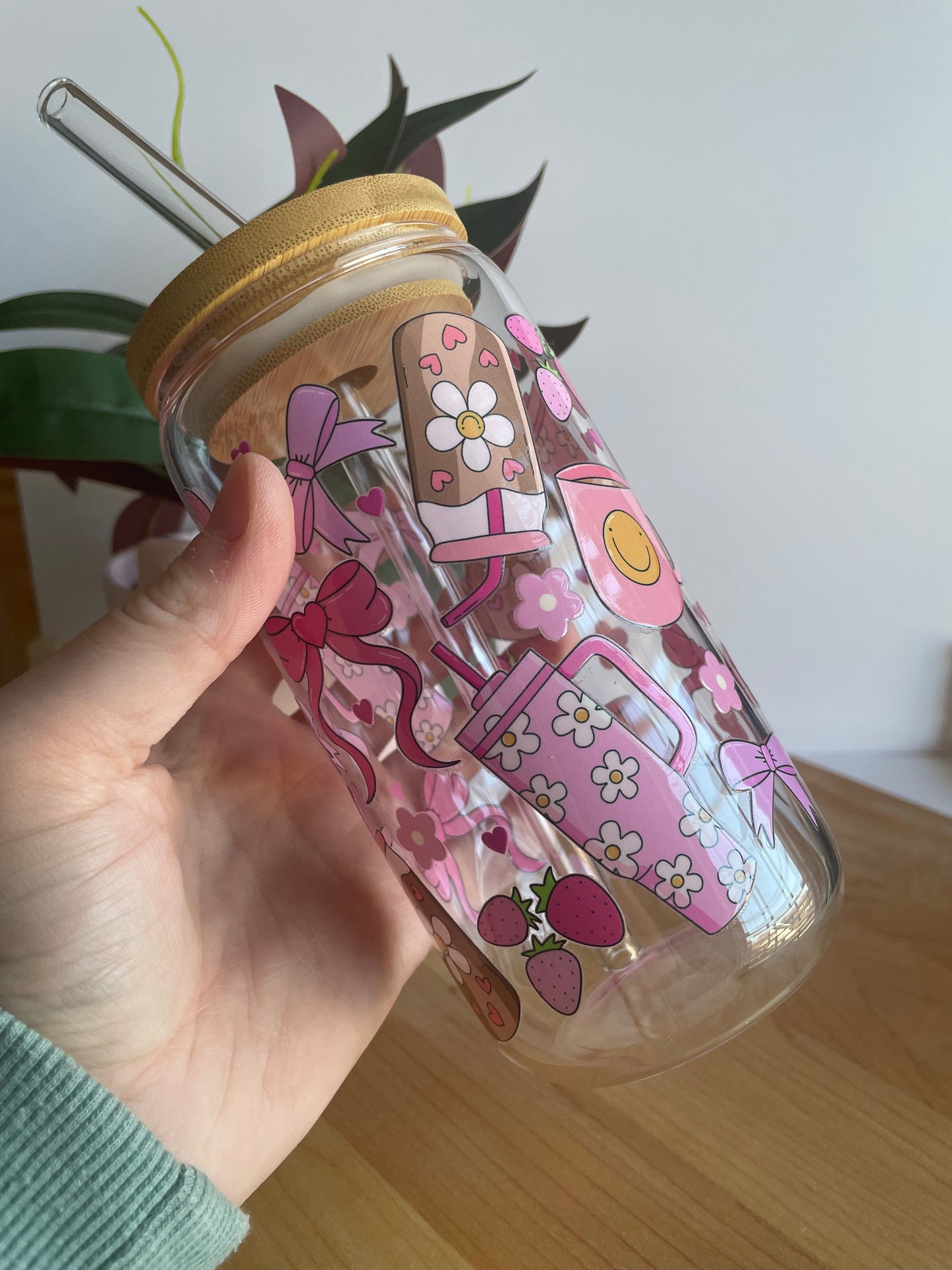 Pink Groovy Girly Glass Cup with Bamboo Lid and Glass Straw