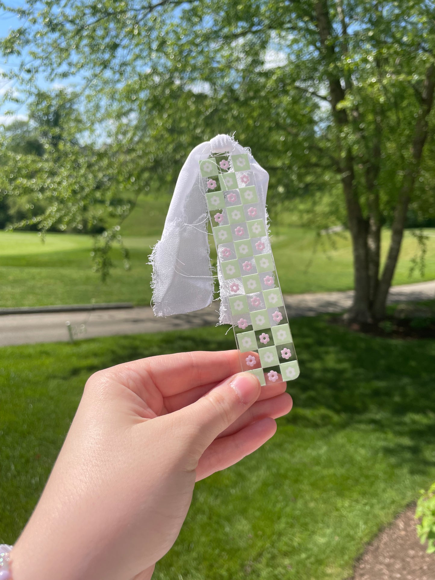 Light Green and Pink Checkered Flowers Clear Acrylic Bookmark with Chiffon Ribbon