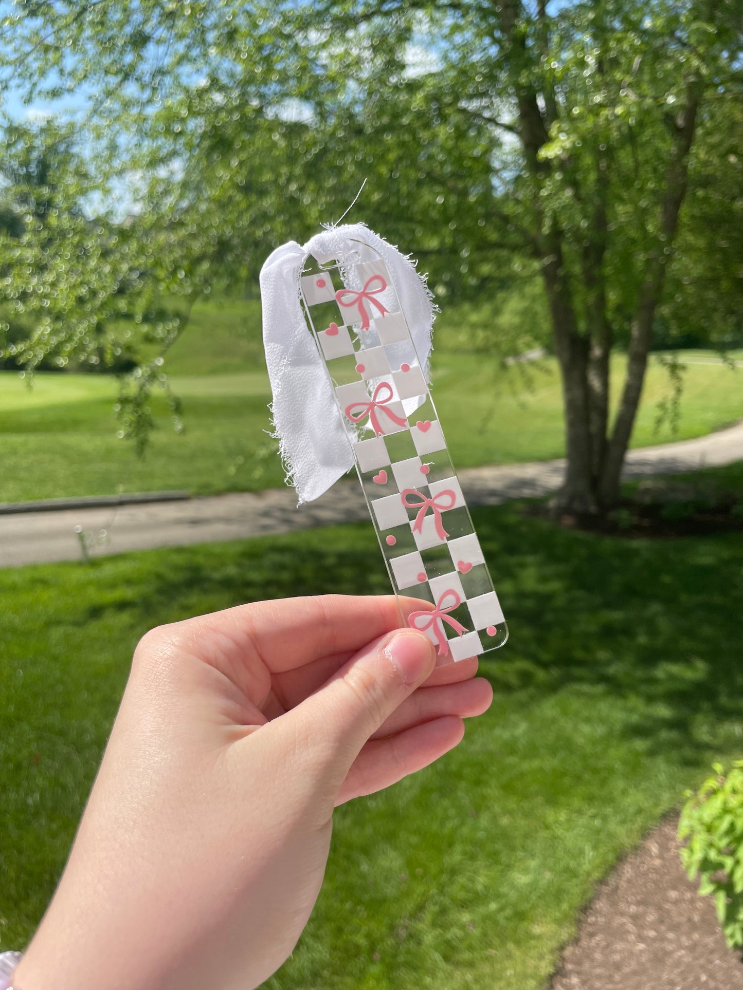 Light Pink Pretty Checkered Bows Girly Clear Acrylic Bookmark with Chiffon Ribbon