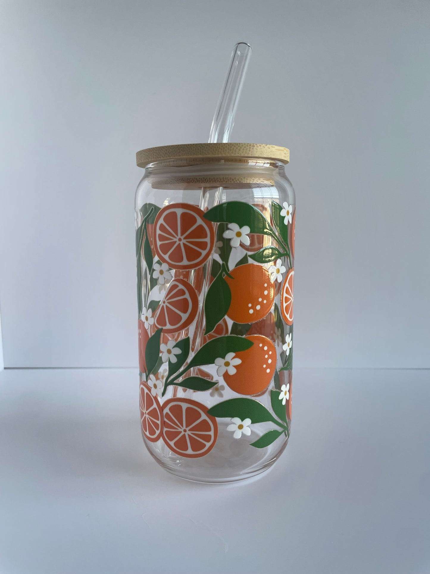 Summer Oranges Glass Cup with Bamboo Lid and Glass Straw